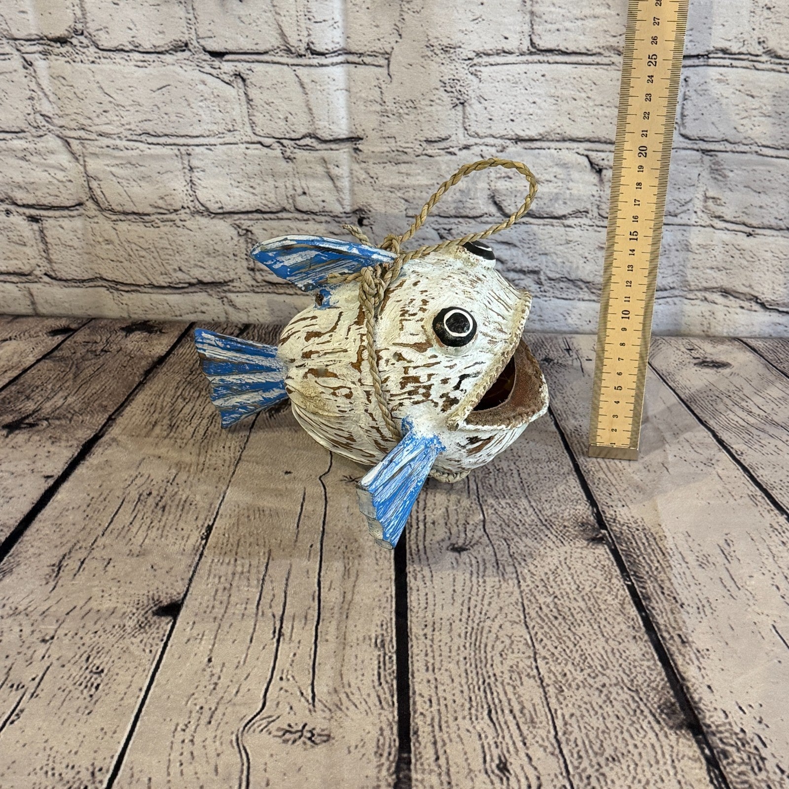 White Blue Fins Folk Art Painted Shark Fish Coconut Shell Ornaments Hanging5