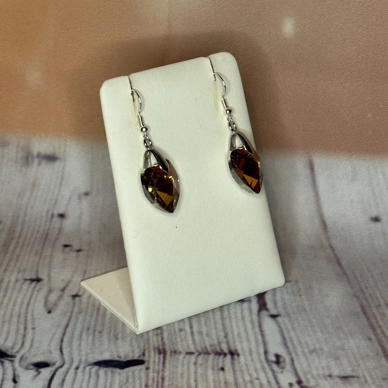 Pink Brown Crystal Heart Shaped Dangle Drop Earrings Handmade UK Jewellery2
