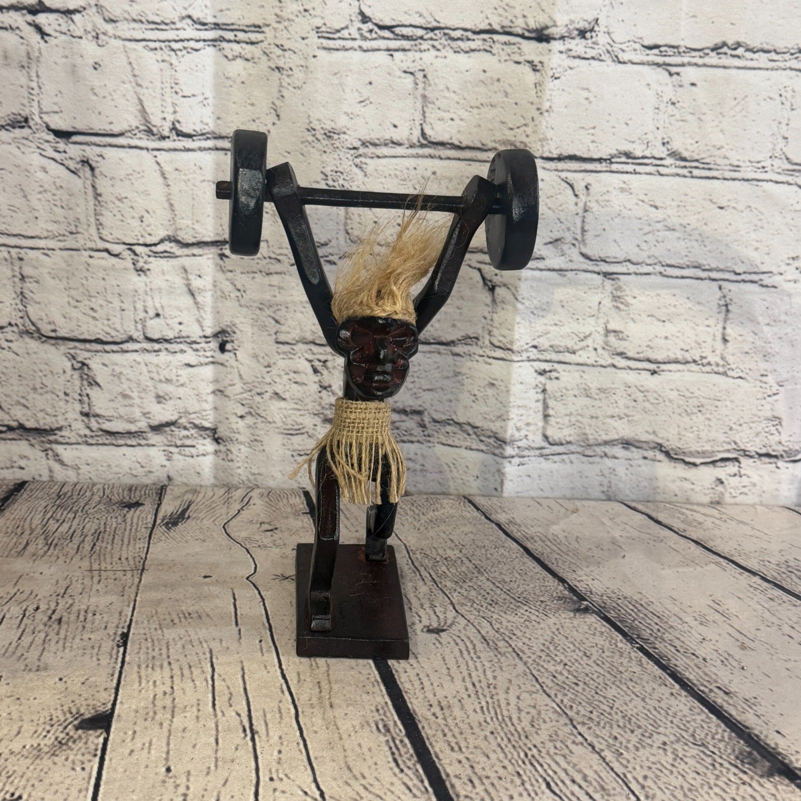 20cm Weight Lifting African Tribal Warrior Man Figure Statue Wood Hand Carved1