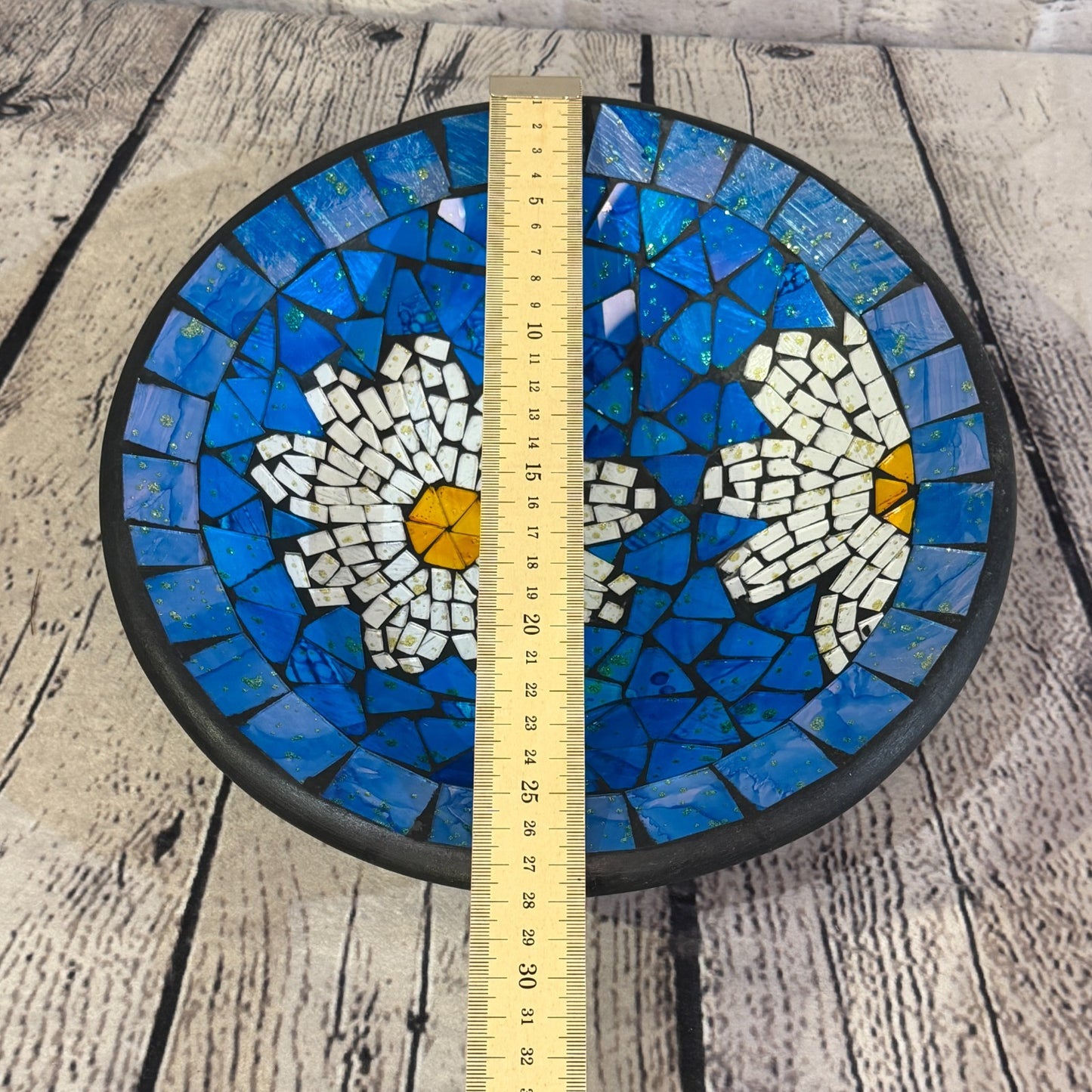 28cm Blue Daisy Flower Round Mosaic Handmade Ceramic Glass Tile Bowl Fruit2