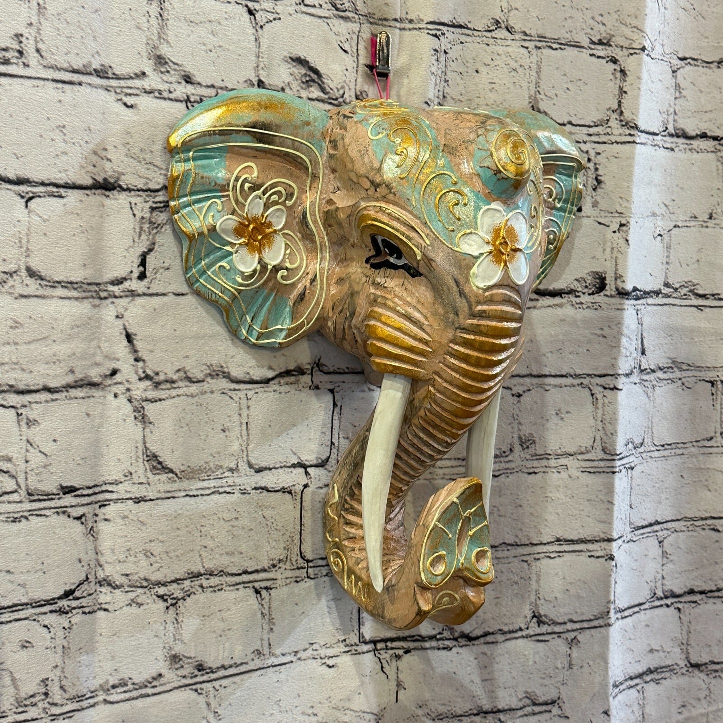 30cm x 30cm Green Flower Painted Wood Elephant Head Wall Mounted Art Shabby0