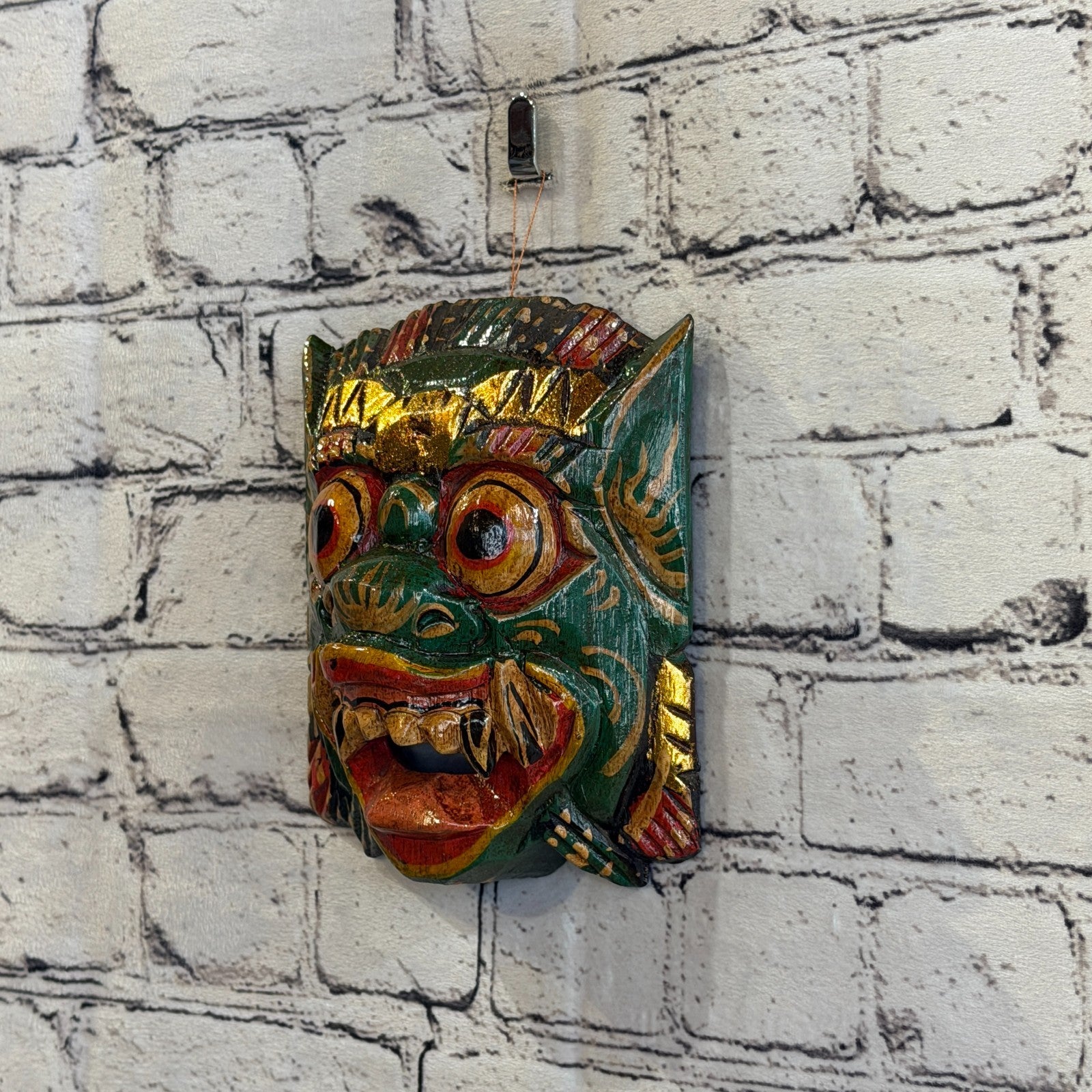 Medium Wooden Green Barong Wall Mask 15cm x 15cm Handmade And Fairtrade Hindu1