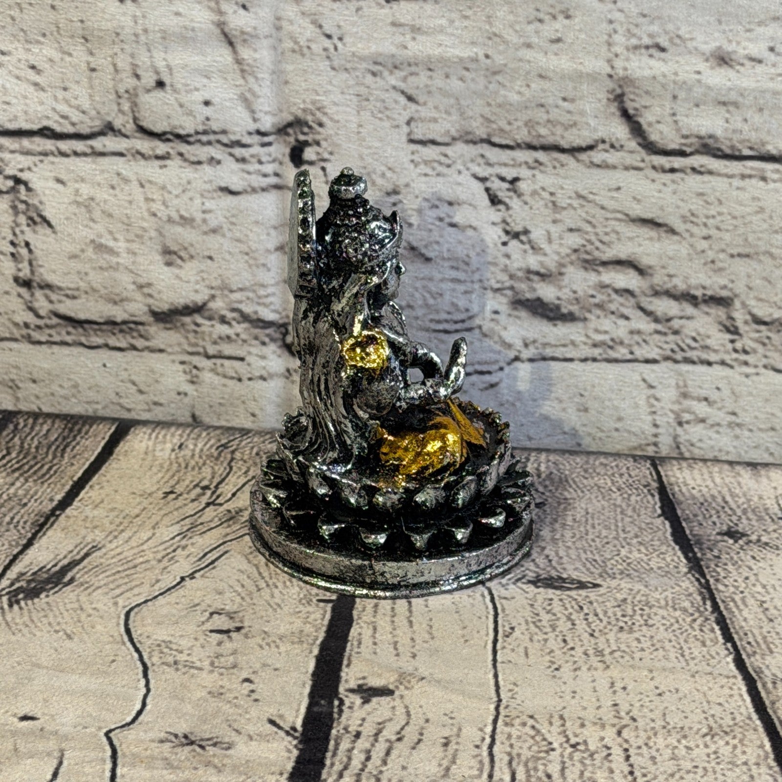 Silver And Gold 12cm x 8cm Small Lakshmi Sitting Lotus Statue Resin Hindu God3