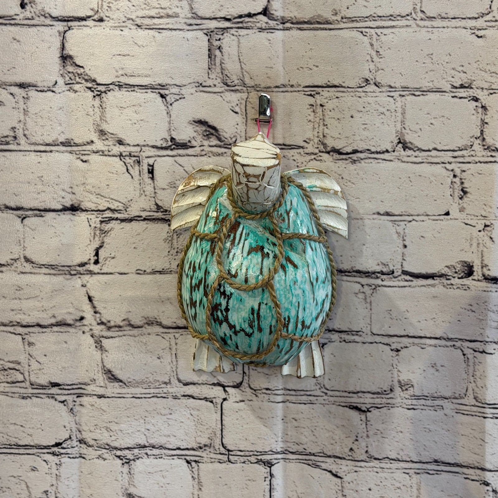 Green Body White Folk Art Painted Turtle Coconut Shell Ornaments Hanging Decor11