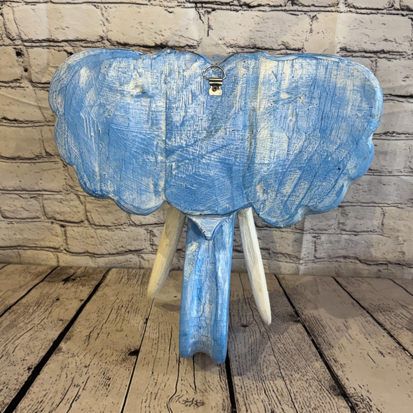 25cm x 25cm Blue Gold Painted Wood Elephant Head Wall Mounted Art Shabby5
