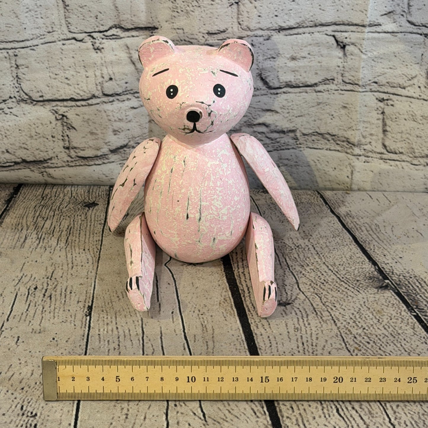 18cm Pink Teddy Bear Sitting Animal, Wooden Shelf Ornament Handmade & Fairtrade6