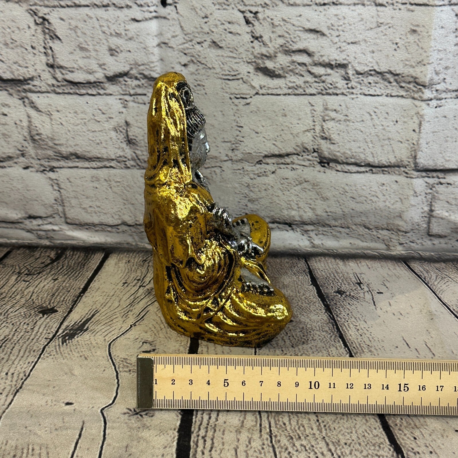 Silver And Gold 18cm x 10cm Small Quan Yin Sitting Lotus Statue Resin Hindu God8