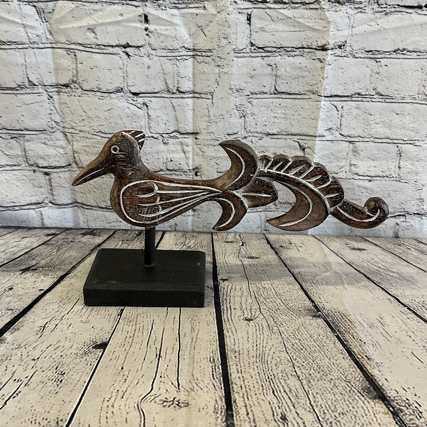 40cm x 20cm Wooden Tribal Primitive Black Phoenix Bird Stand Sculpture Statue0