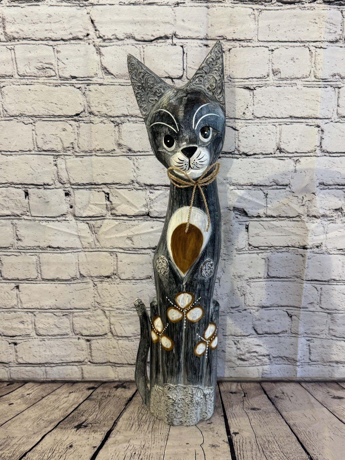 60cm Grey Silver Dots Wooden Shabby Cat Statue Ornament Fair Trade Handcarved0