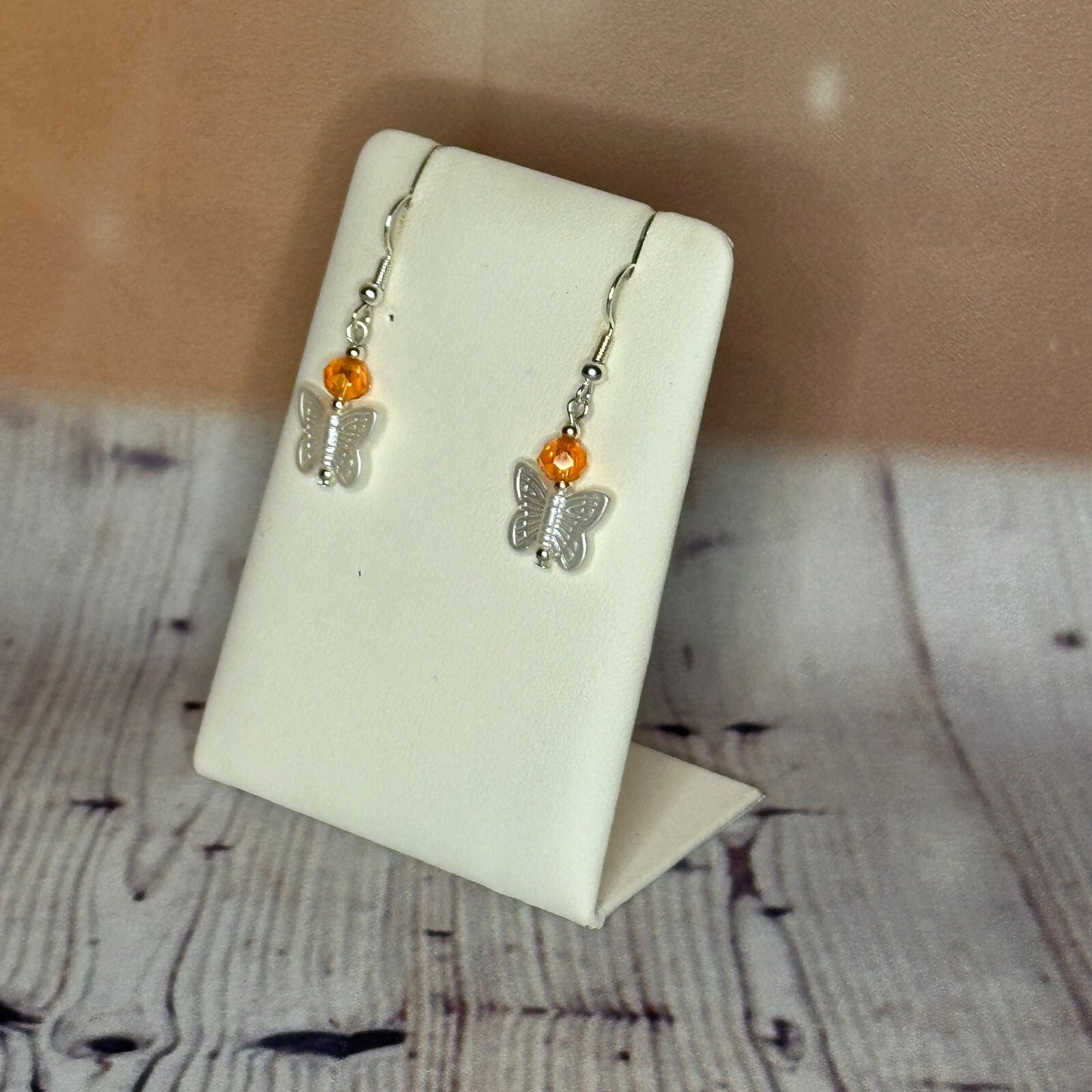 Orange Crystal And White Butterfly Dangle Drop Earrings Handmade UK Jewellery1