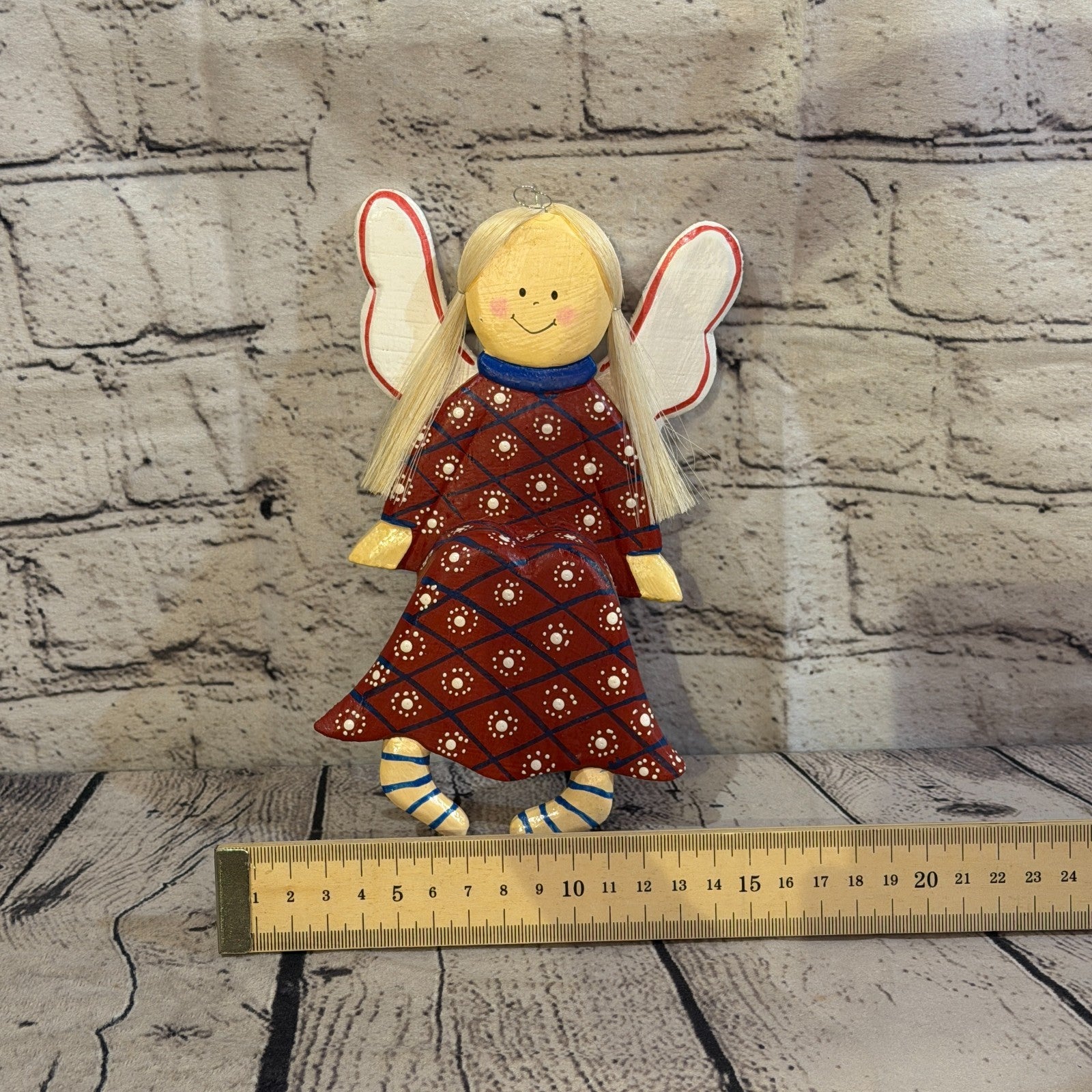 20cm Red Shelf Sitter Angel Figurine Folk Art Wood Fabric Baltic Handmade3