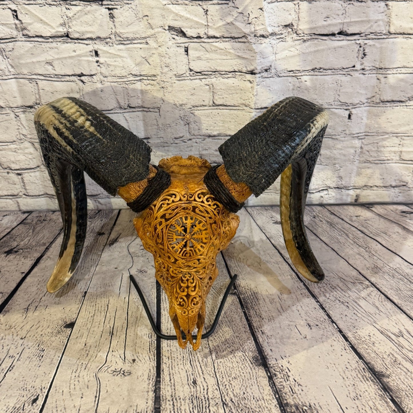 30cm Carved Buffalo Ram Wild Skulls Wall Hanging Carved With Stand Design 47