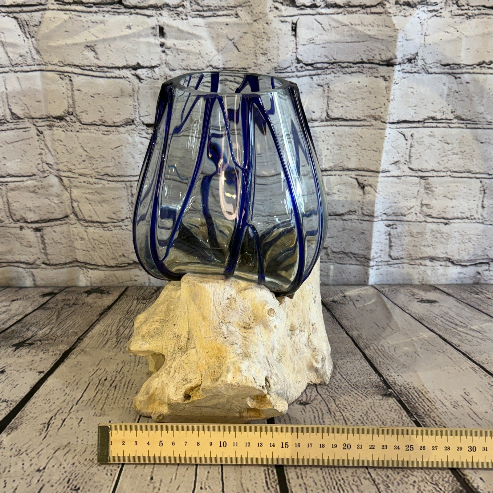 30cm Tall Blue Streak Melted Glass Wood Decorative Vase Glass Sculpture Crafted6