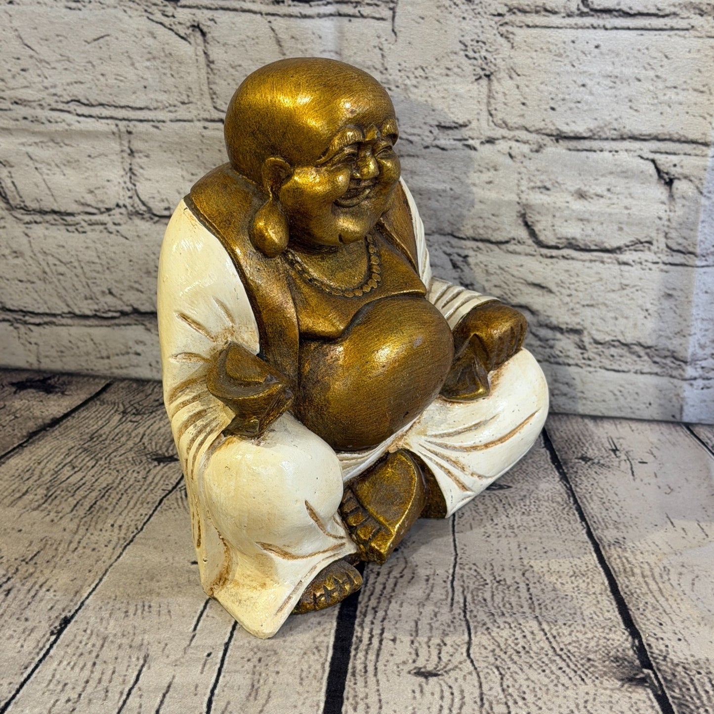 Cream & Bronze 20cm x 20cm Large Chinese Buddha Sitting On Lotus Statue Resin2