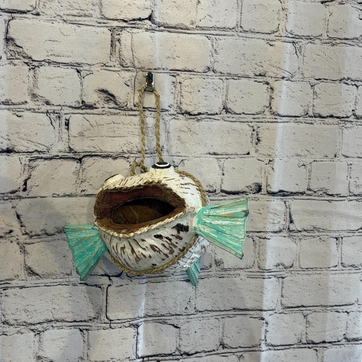 White Green Fins Folk Art Painted Shark Fish Coconut Shell Ornaments Hanging9