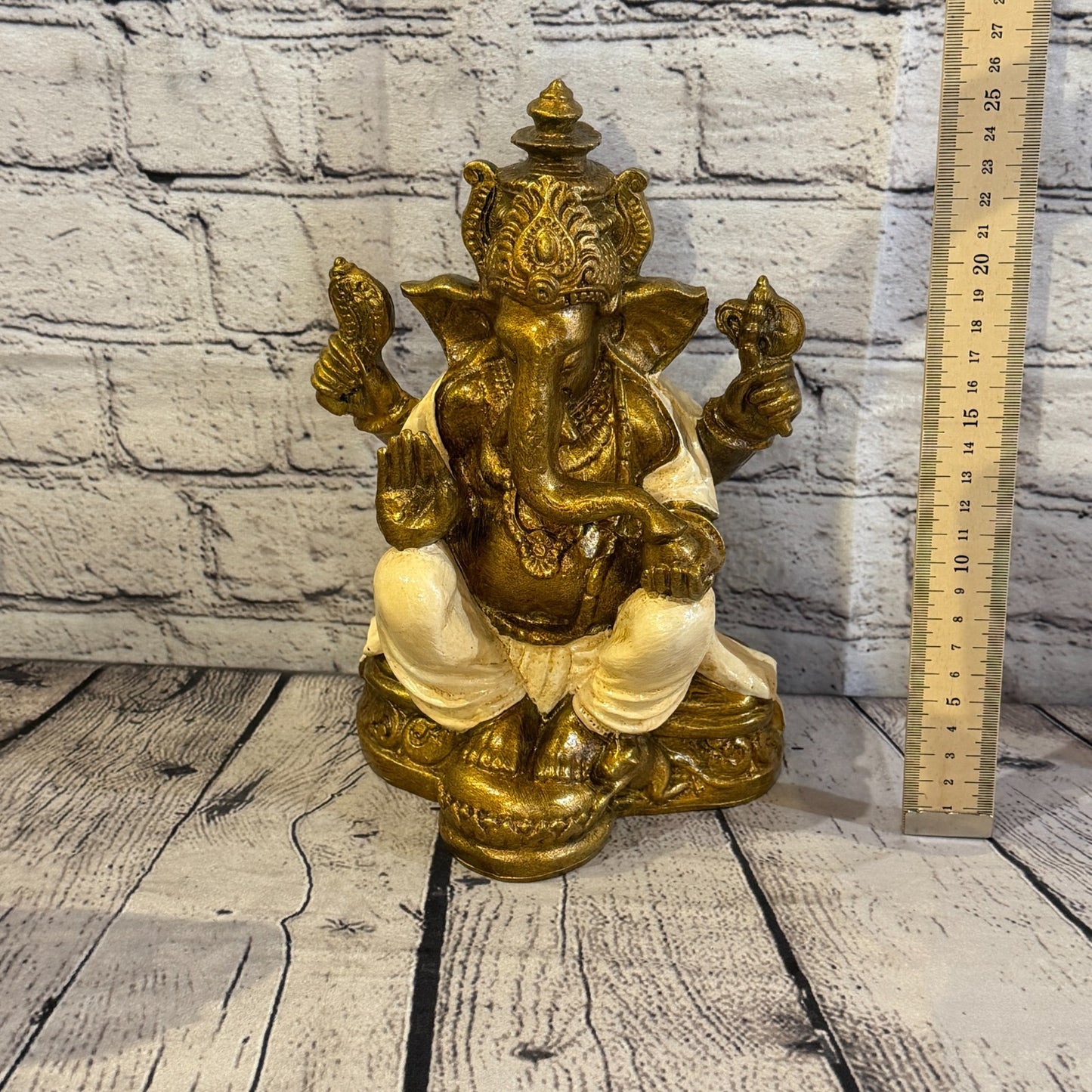 Cream & Bronze 25cm Large Ganesh Ganesa Sitting On Lotus Statue Resin Hindu5