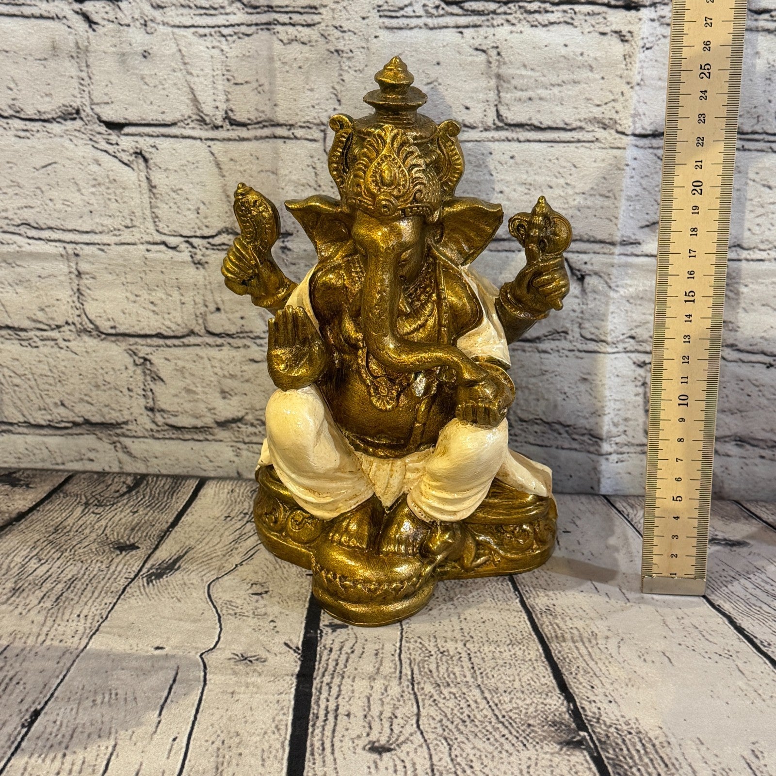 Cream & Bronze 25cm Large Ganesh Ganesa Sitting On Lotus Statue Resin Hindu5