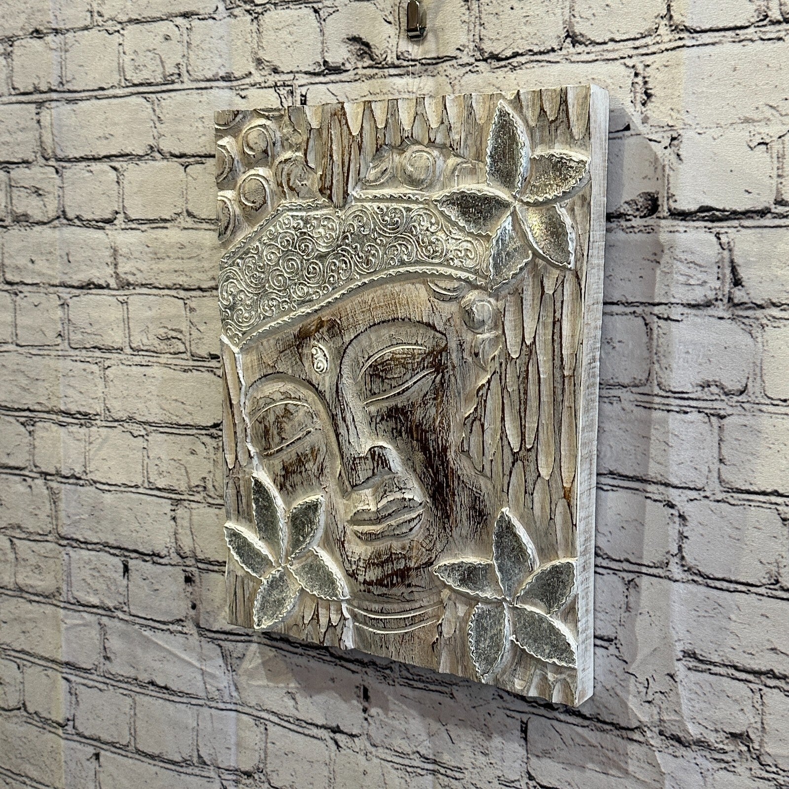 Wooden Wood Panel 40cm Brown White Buddha Hibiscus Wall Art Plaque Handcarved1