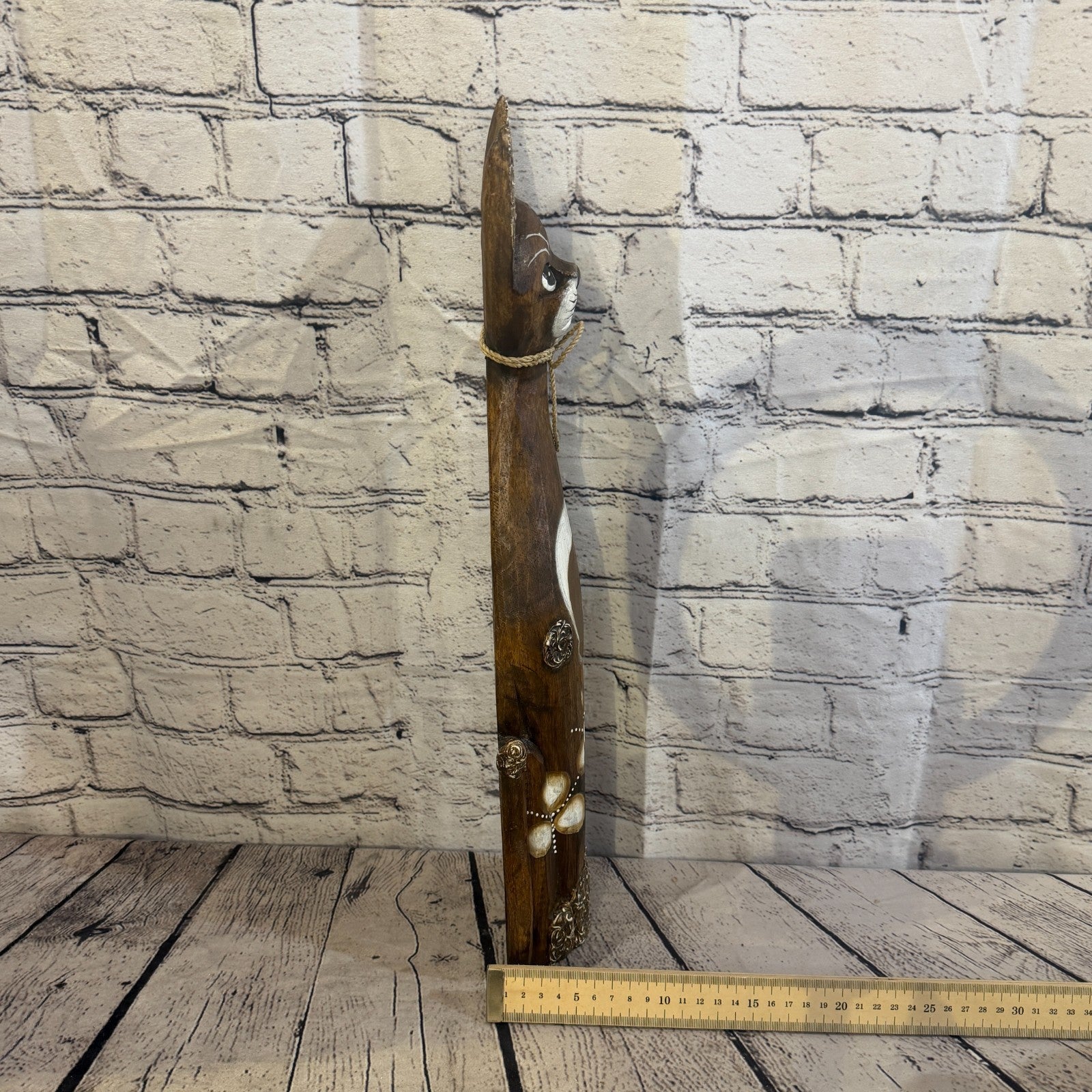 50cm Brown Silver Dots Wooden Shabby Cat Statue Ornament Fair Trade Handcarved7