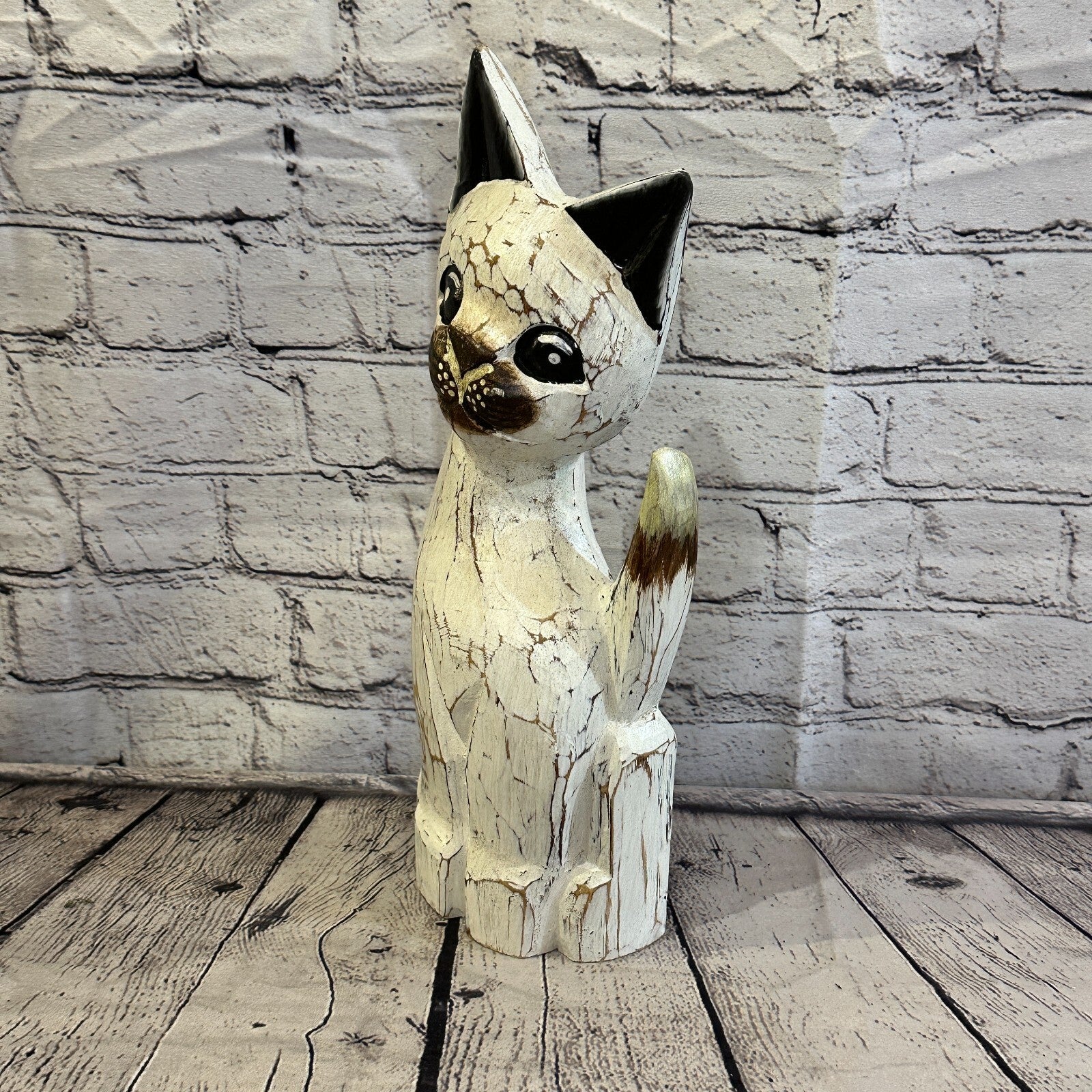 35cm x 15cm White Flower Wooden Shabby Cat Statue Ornament Fair Trade Handcarved1