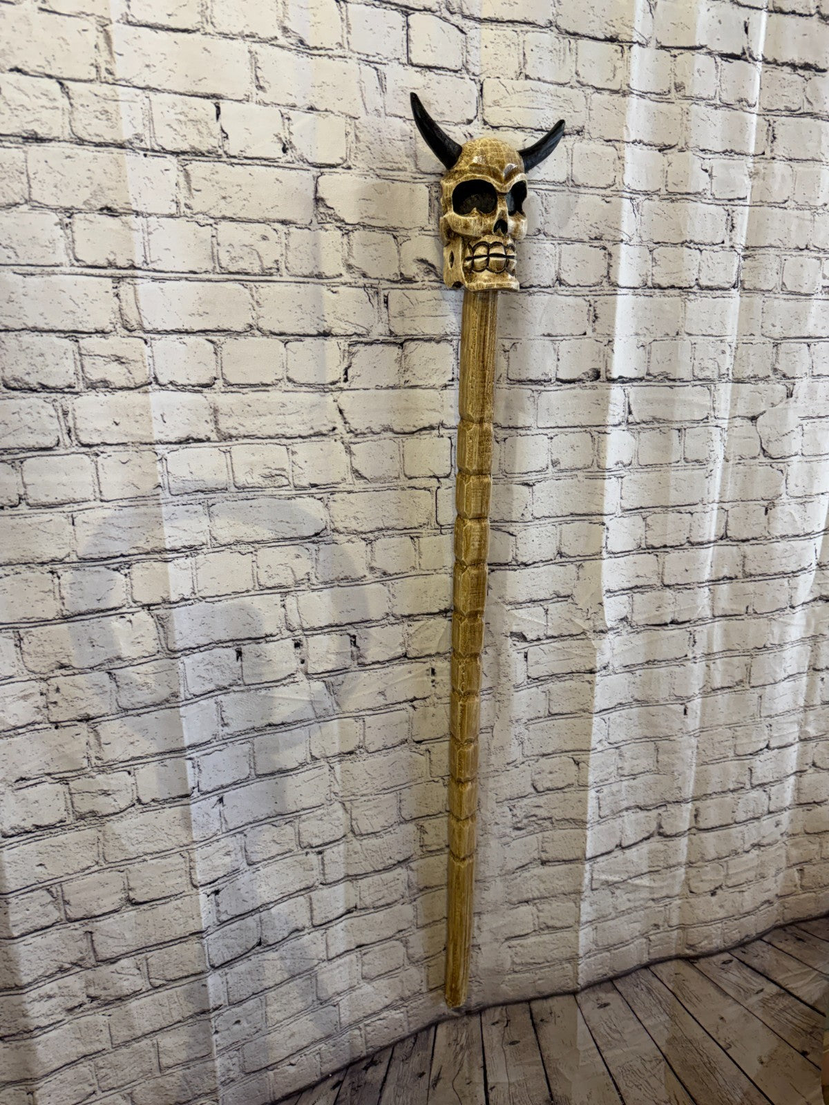 110cm Skeleton Skull With Horns Wood Stick Hand Carved Halloween Walking Staff0