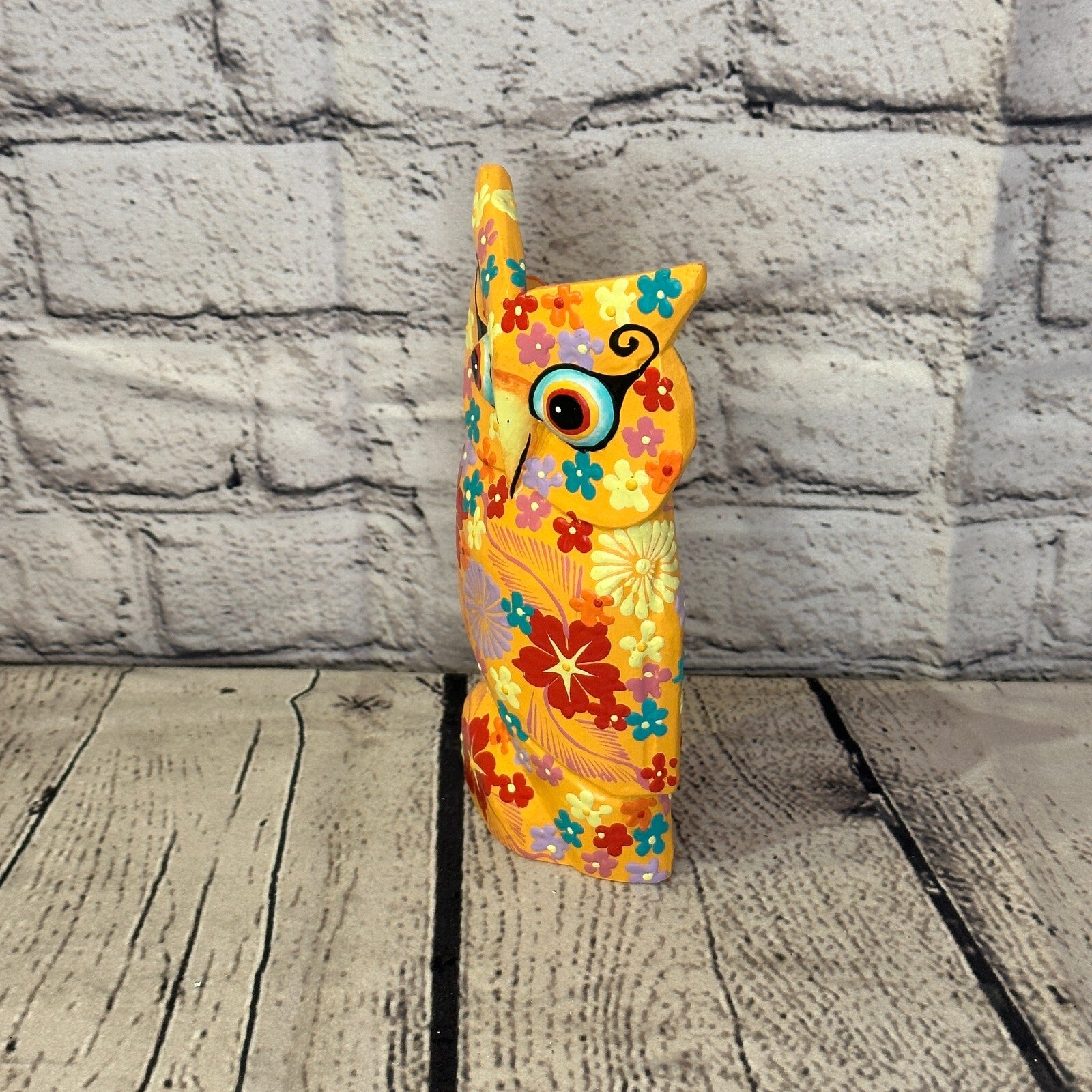 Orange Medium Wooden Owl With Flower Pattern 15cm x 8cm Handmade and Fairtrade1