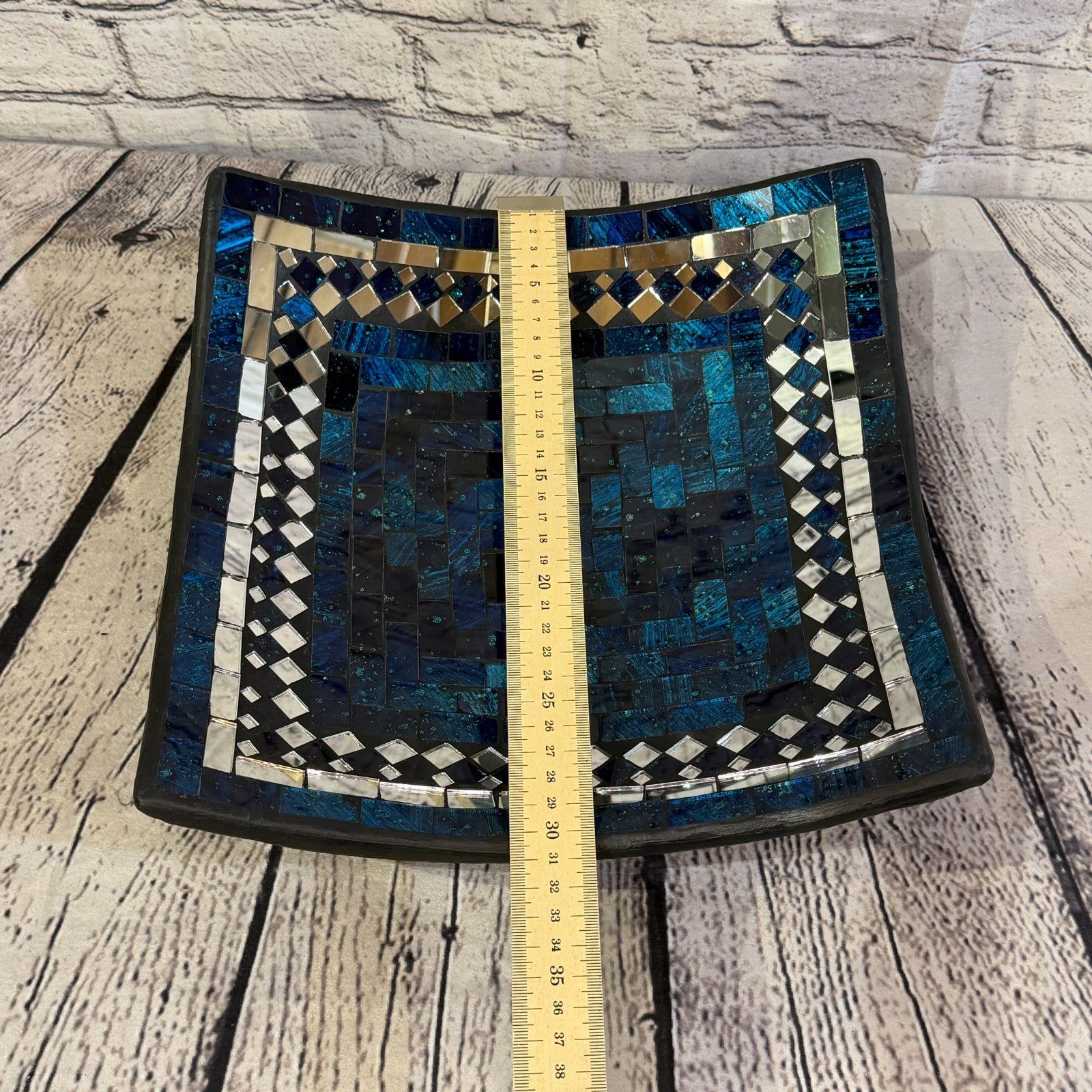 30cm Indigo Blue Square Mirror Mosaic Handmade Ceramic Glass Tile Bowl Fruit2