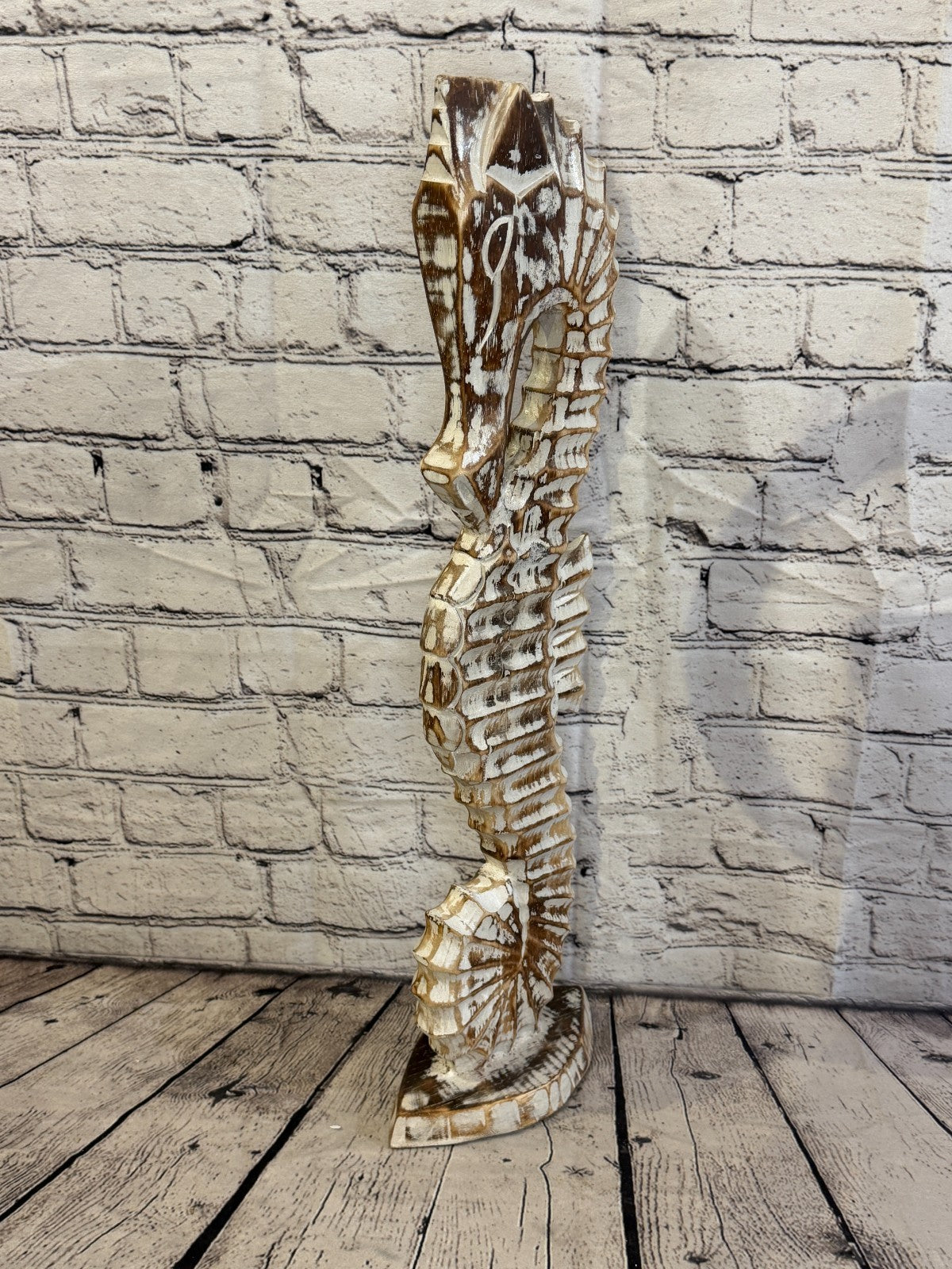 60cm Brown Wooden Shabby Seahorse Statue Ornament Fair Trade Handcarved0