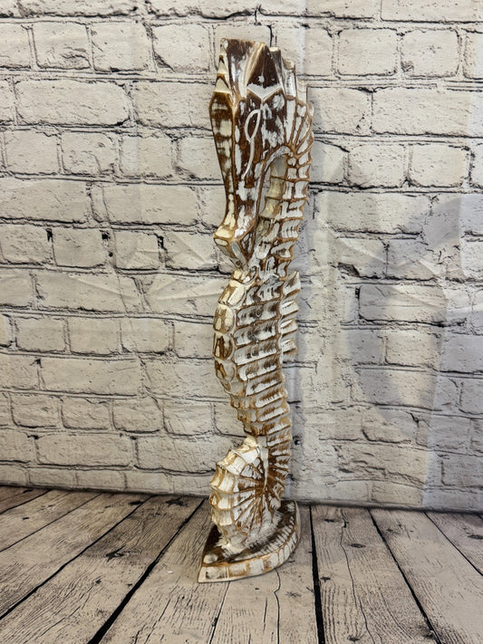 60cm Brown Wooden Shabby Seahorse Statue Ornament Fair Trade Handcarved0