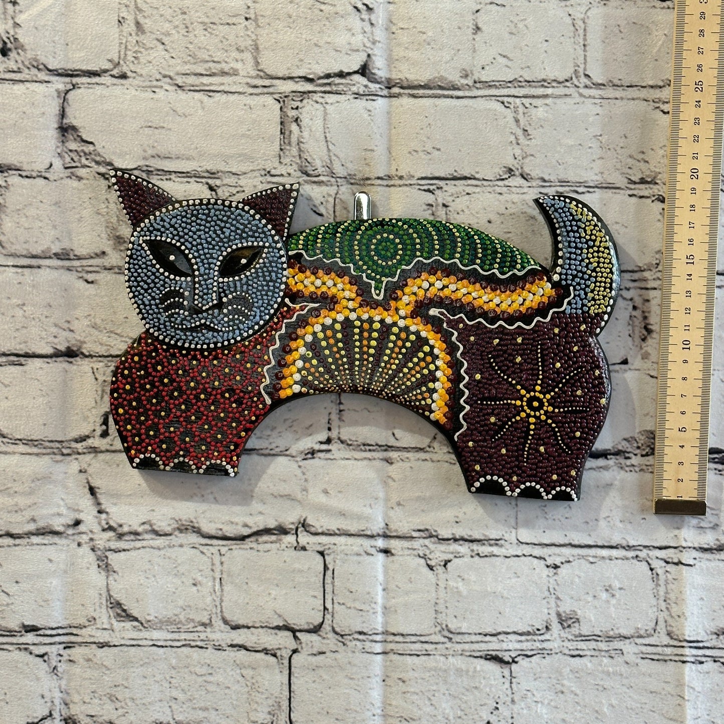 30cm Cat Carved Wooden Dot Painted Ethnic Tribal Tiki Wall Art Handmade No 24