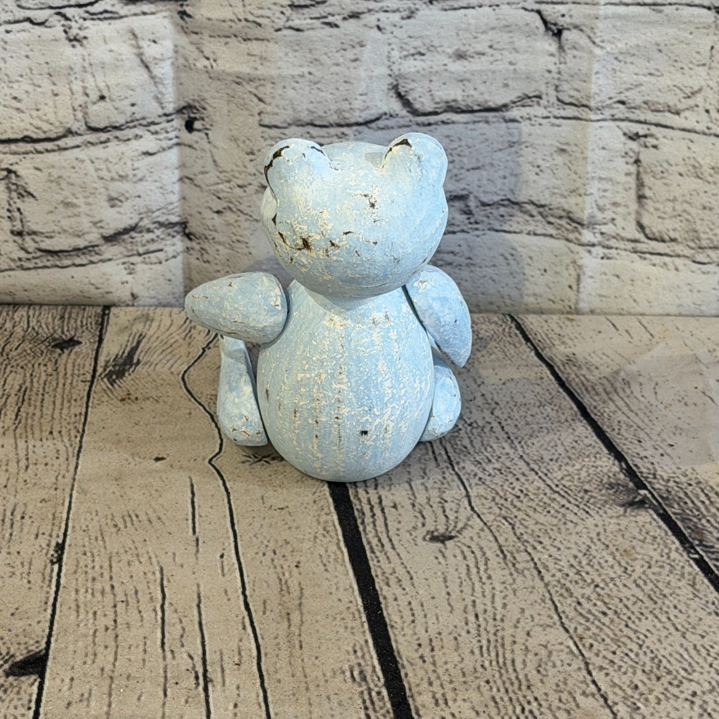15cm Blue Teddy Bear Sitting Animal, Wooden Shelf Ornament Handmade & Fairtrade4