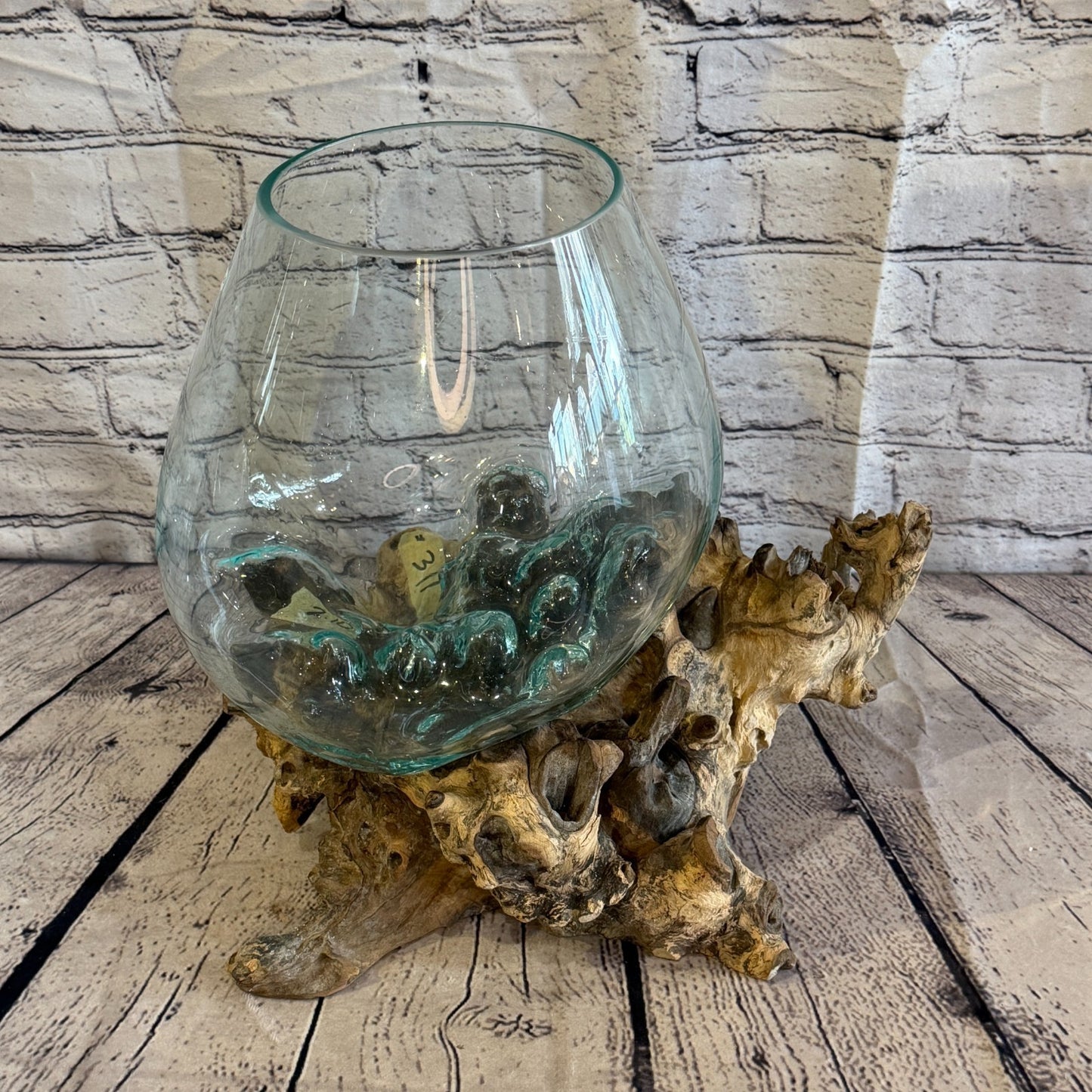 35cm Tall Clear Colour Melted Glass Wood Decorative Vase Glass Sculpture Crafted0