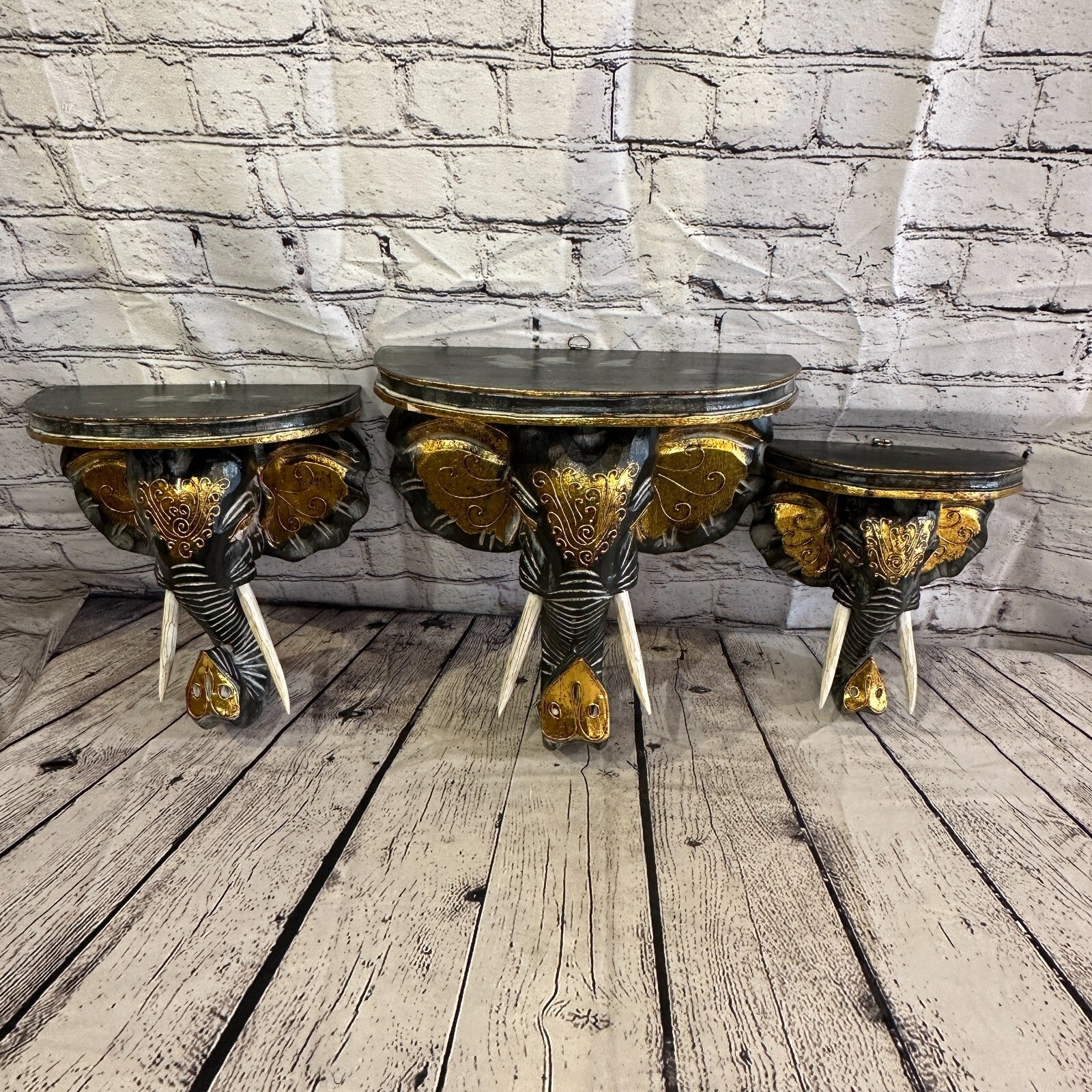 20cm x 20cm Black Gold Shelf Wood Elephant Head Wall Mounted Art Large Shabby7