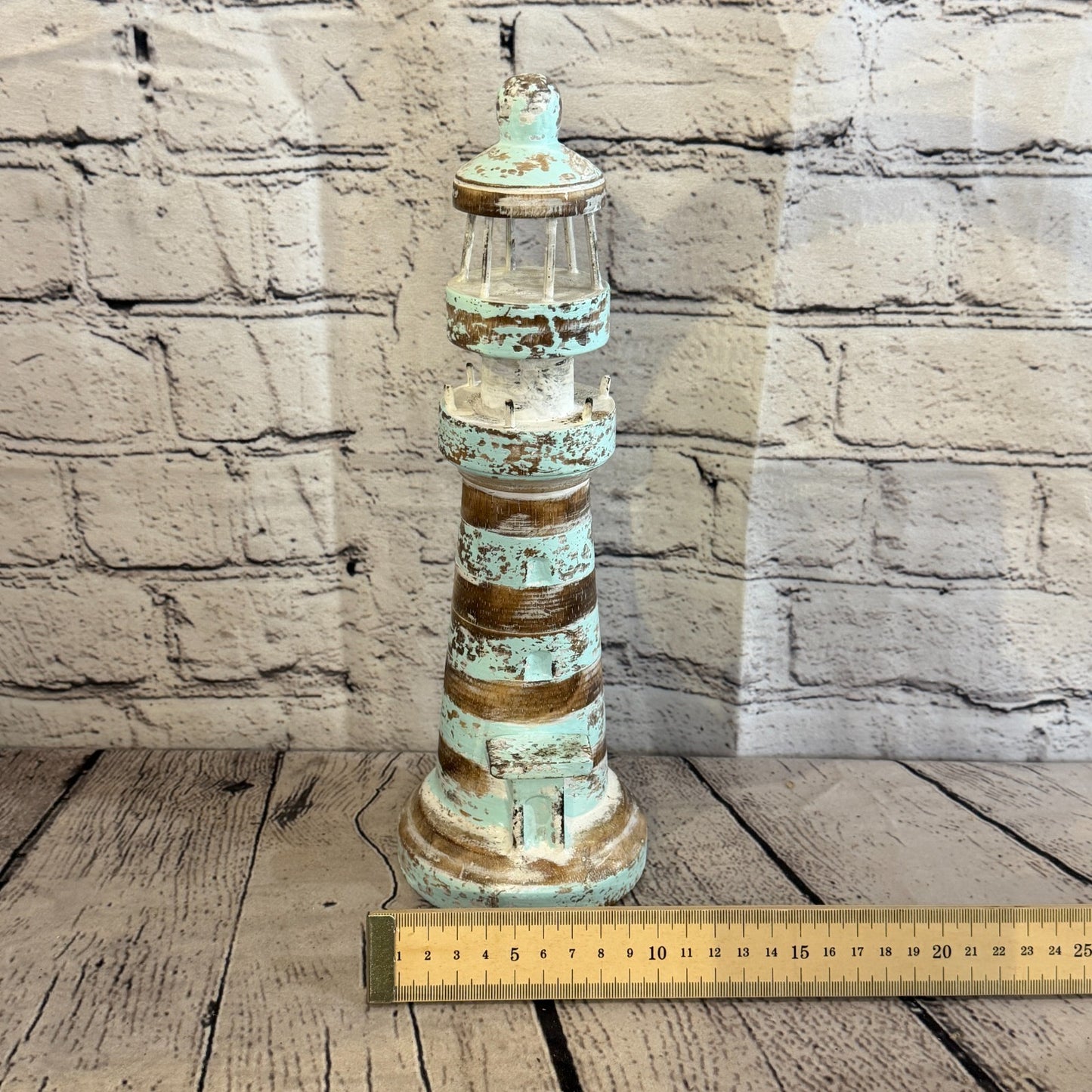 30cm Green White Wooden Lighthouse Detailed Ornament Nautical Coastal Sculpture4