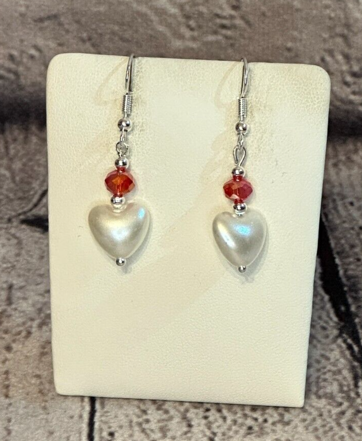 Red Crystal And White Heart Shaped Dangle Drop Earrings Handmade UK Jewellery0