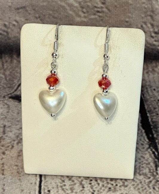 Red Crystal And White Heart Shaped Dangle Drop Earrings Handmade UK Jewellery0