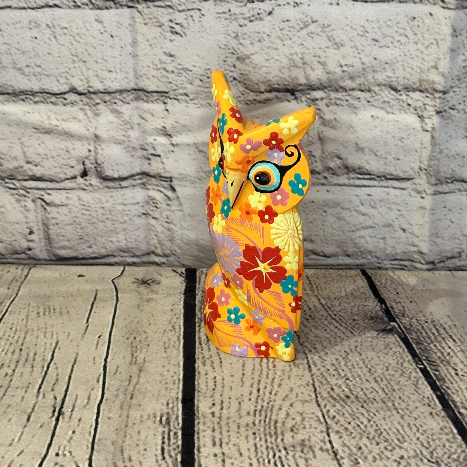 Orange Small Wooden Owl With Flower Pattern 12cm x 8cm Handmade and Fairtrade1