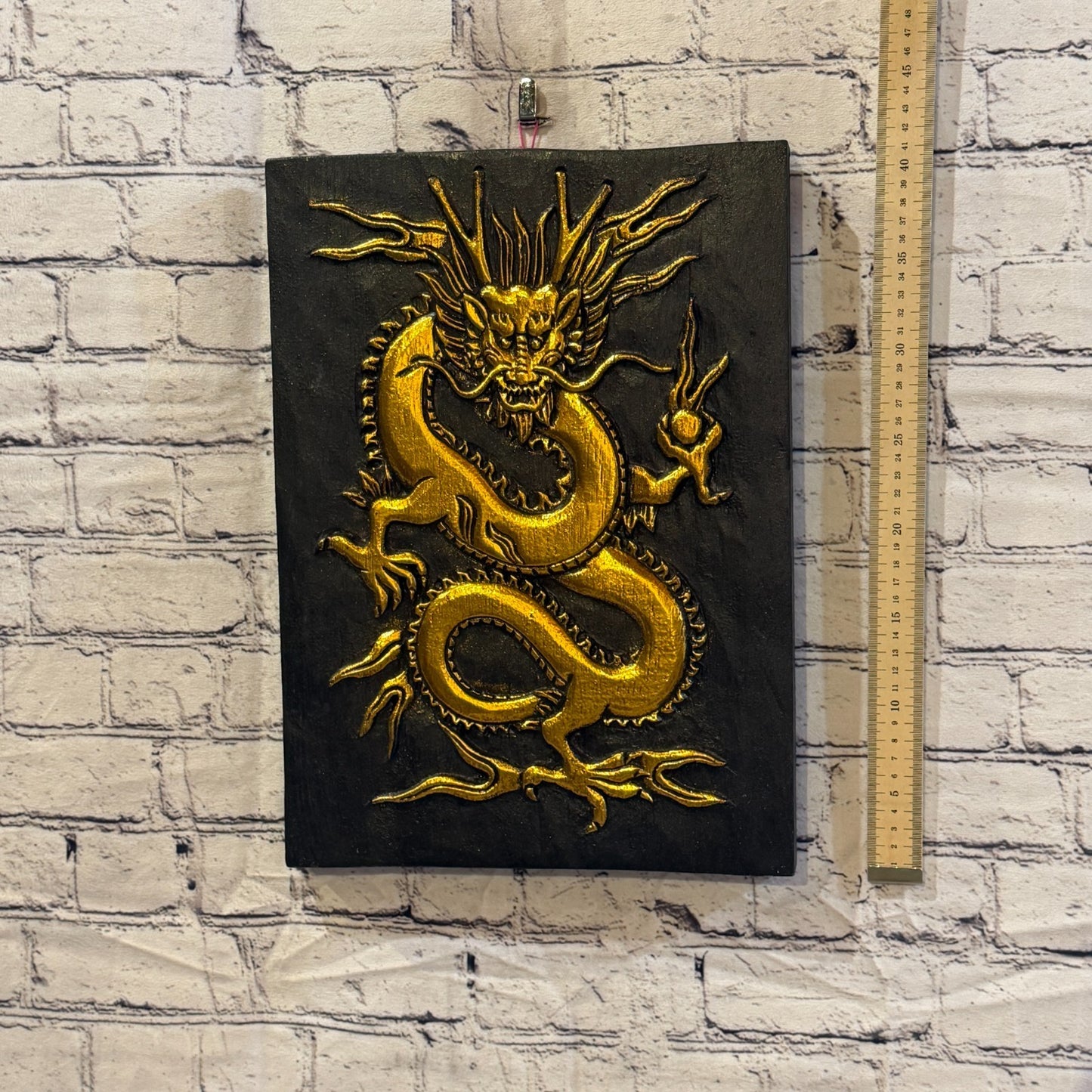 Wooden Wood Panel 40cm Black Gold Chinese Dragon Wall Art Plaque Handcarved4
