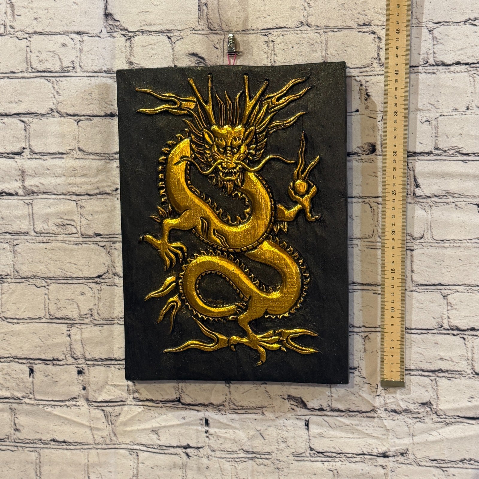 Wooden Wood Panel 40cm Black Gold Chinese Dragon Wall Art Plaque Handcarved4