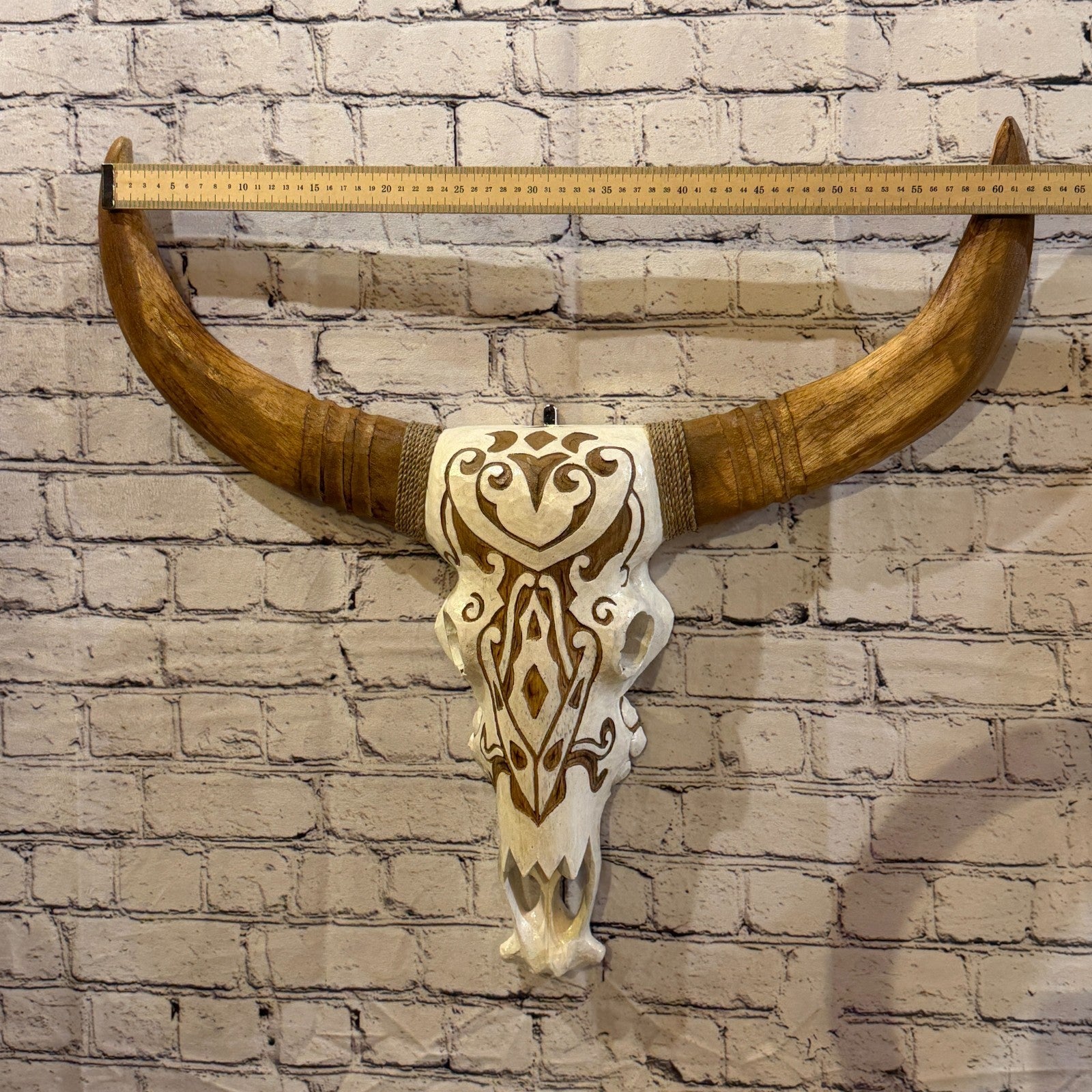 60cm x 60cm White Light Painted Wood Cow Skull Head Wall Mounted Art Shabby3