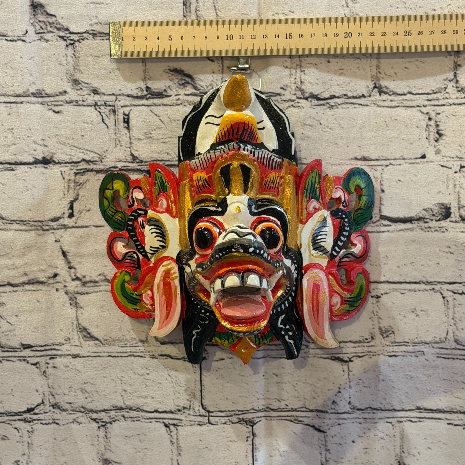 25cm Barong Crown White Demon Dragon Hindu Deity Wooden Hand Carved Mask Painted4
