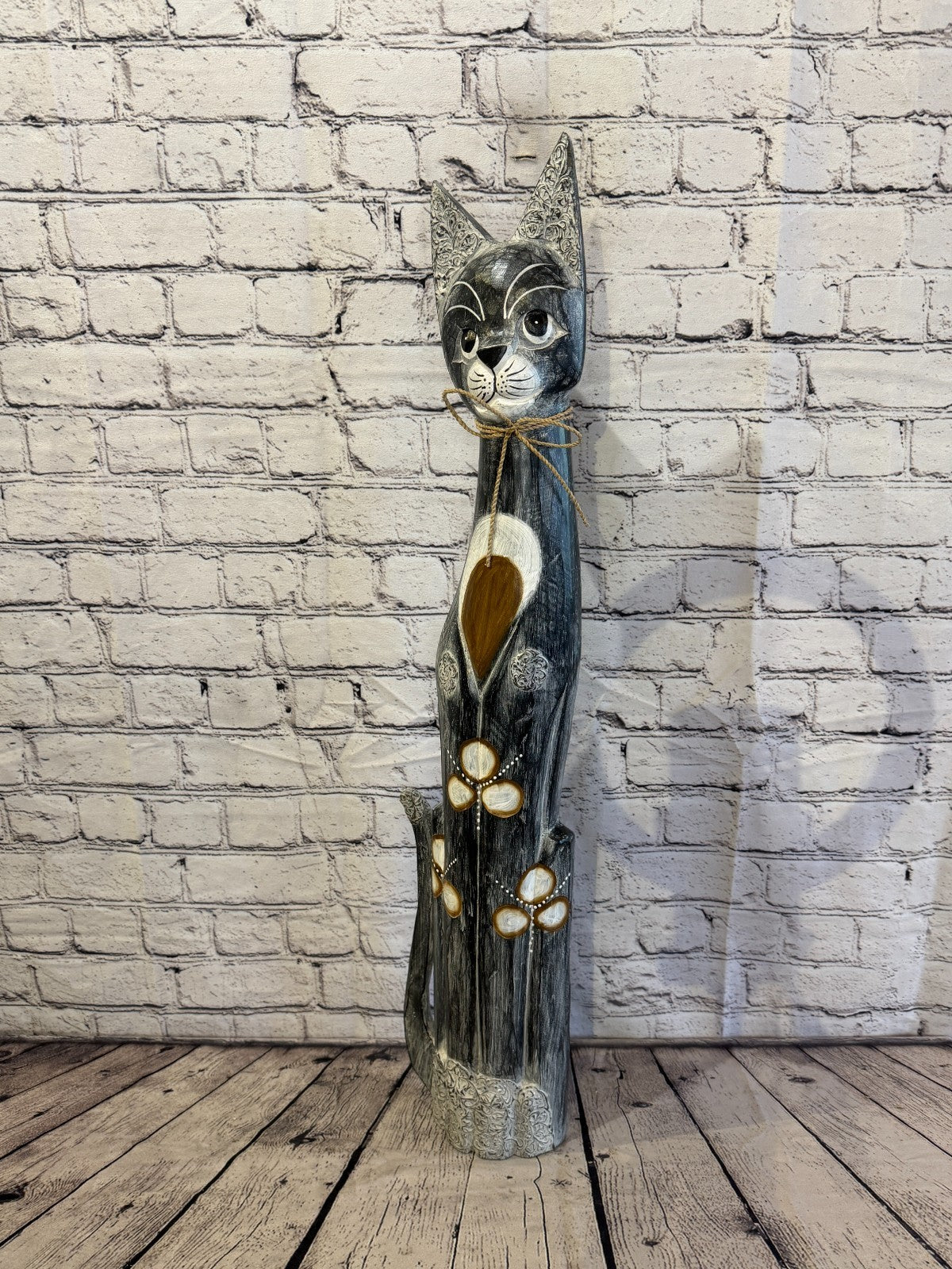 80cm Grey Silver Dots Wooden Shabby Cat Statue Ornament Fair Trade Handcarved1