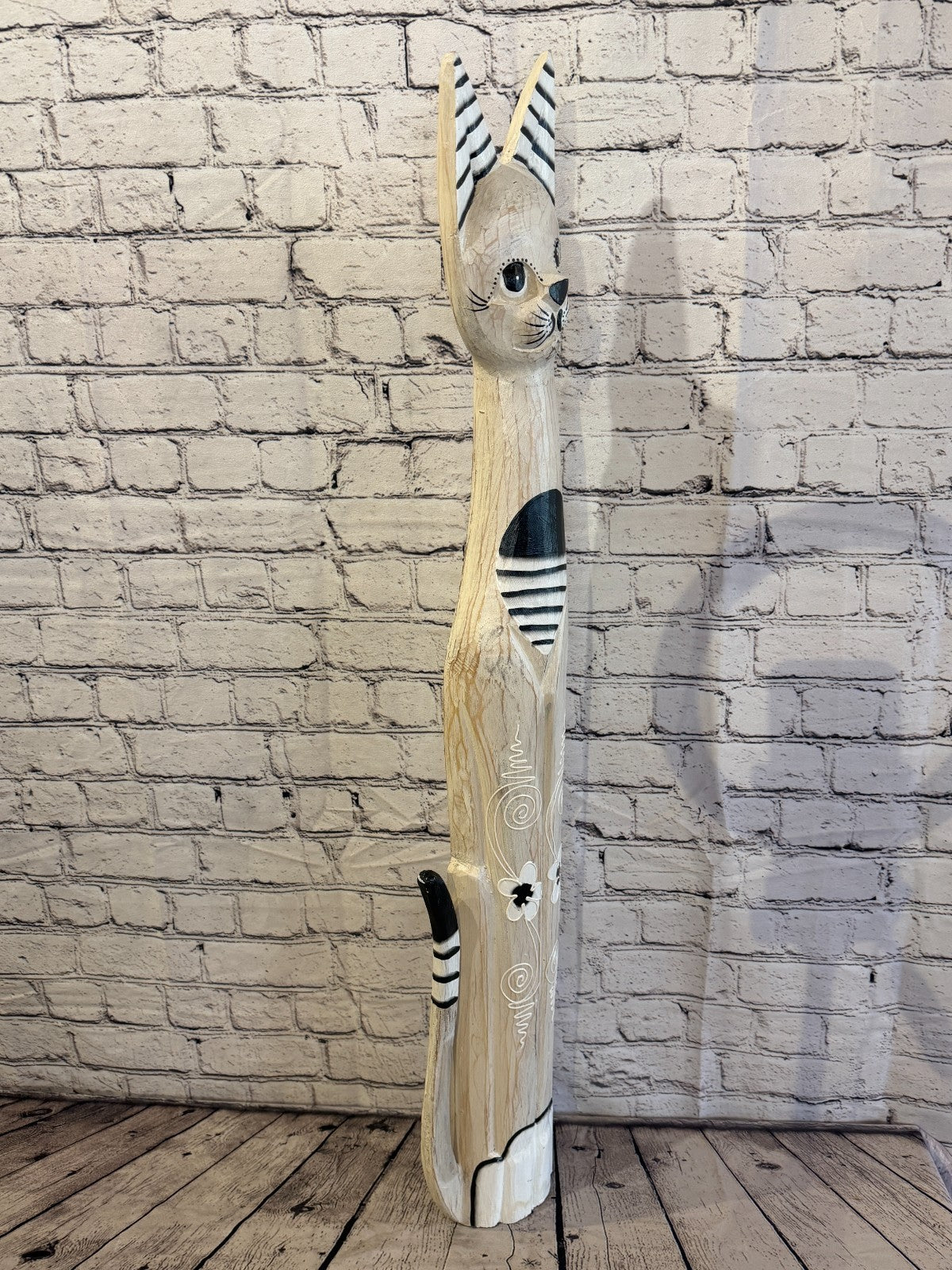 100cm White Flower Wooden Shabby Cat Statue Ornament Fair Trade Handcarved2