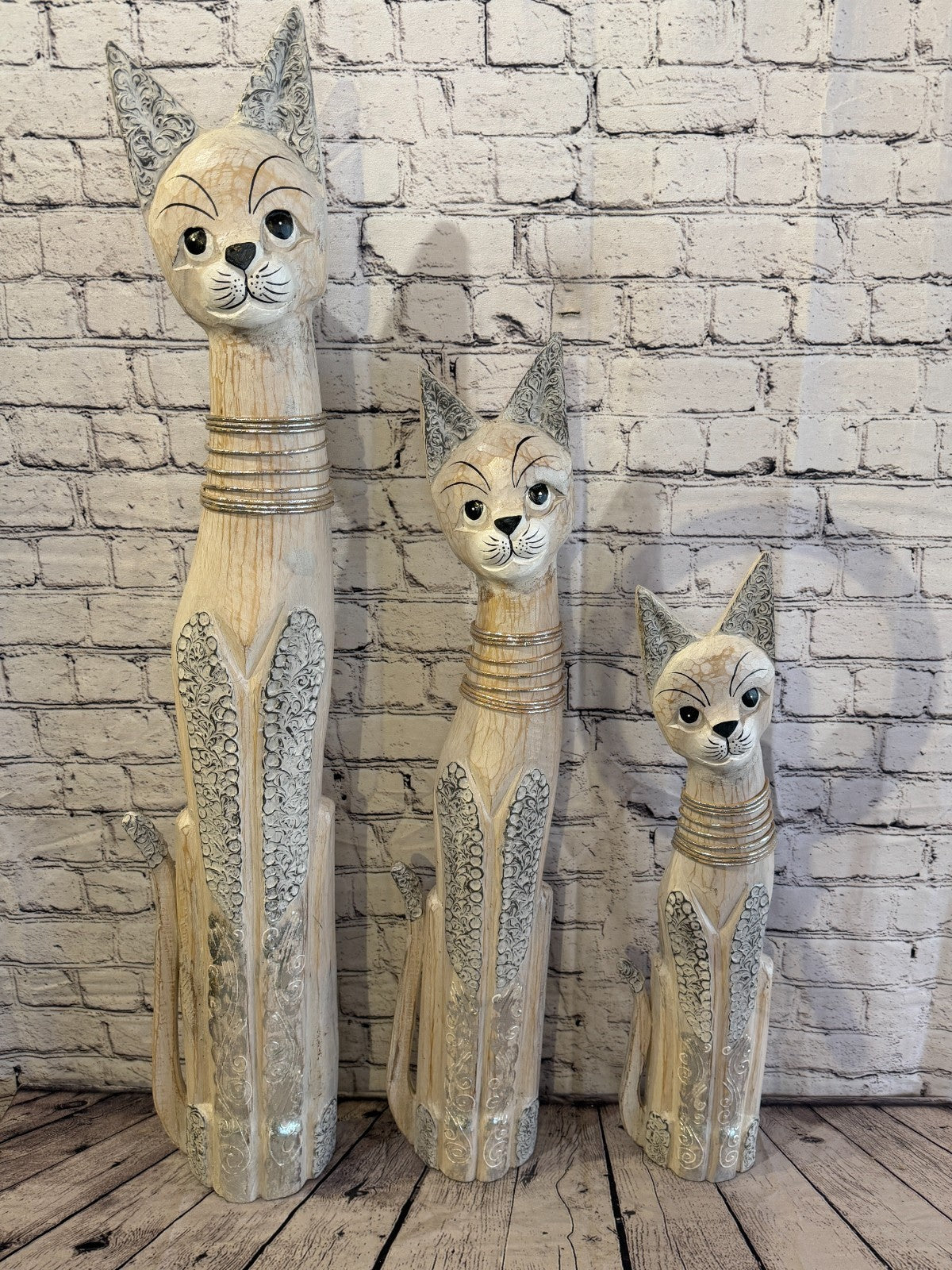 80cm White Silver Dots Wooden Shabby Cat Statue Ornament Fair Trade Handcarved8