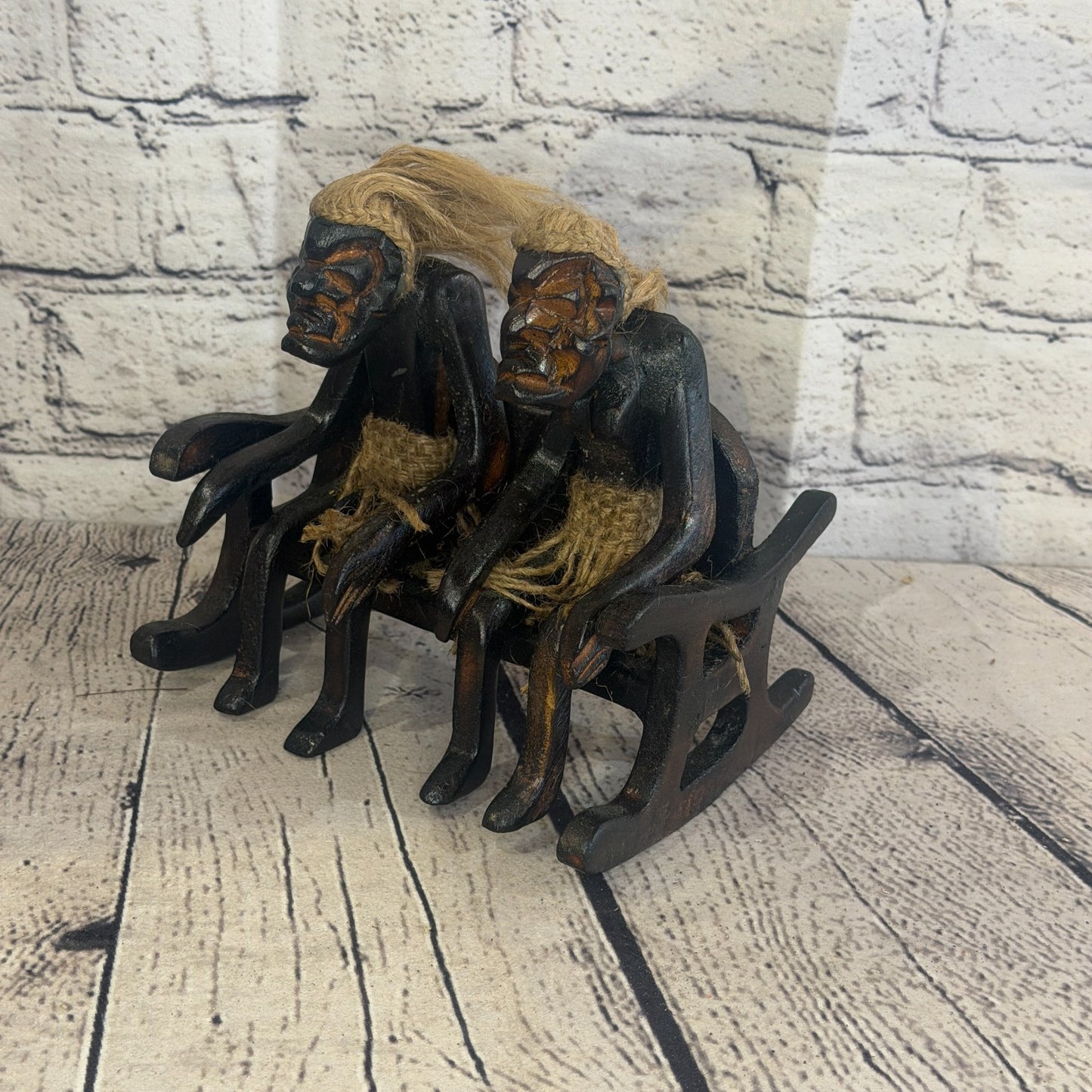 15cm Sitting Couple African Tribal Warrior Man Figure Statue Wood Hand Carved0
