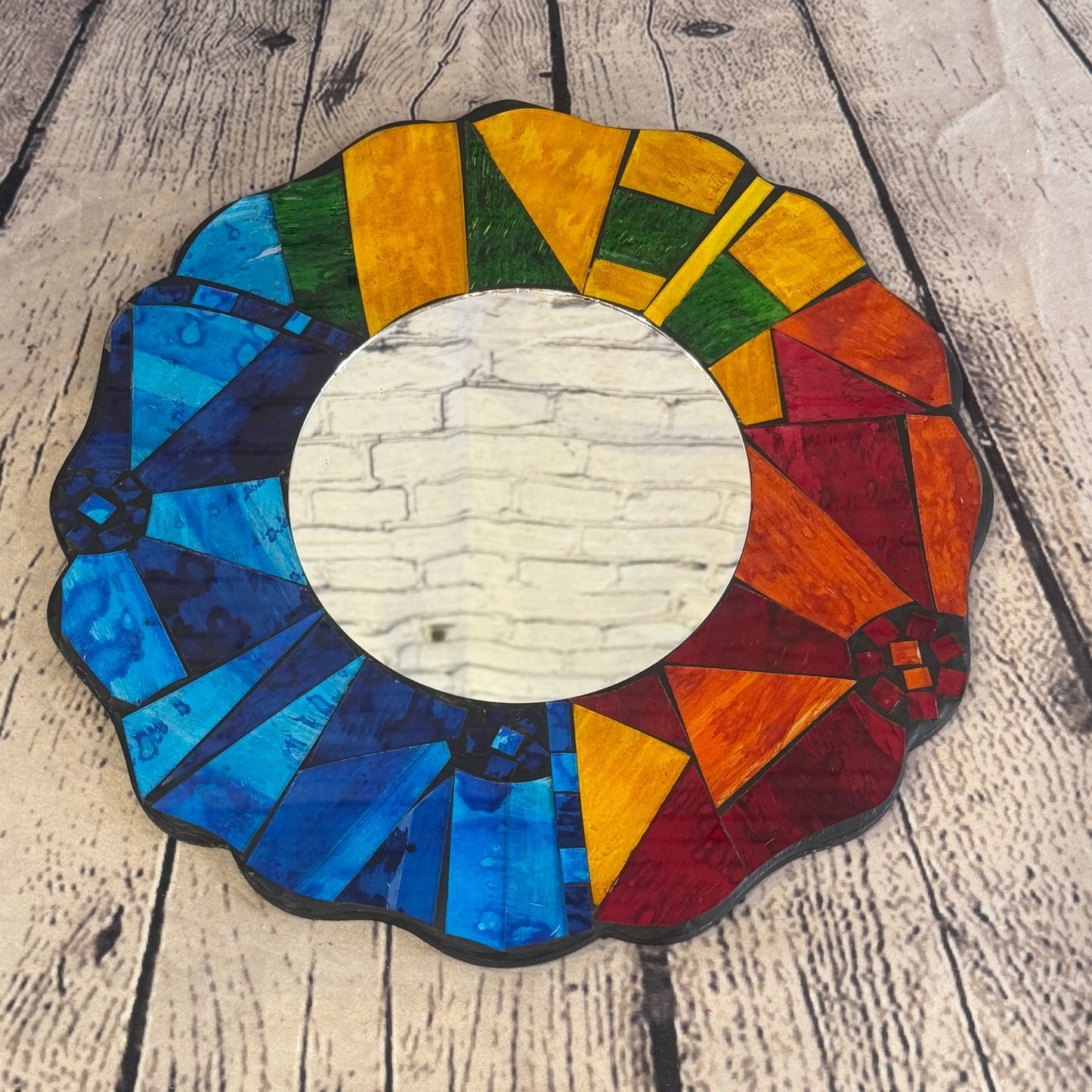 Rainbow Flower Shape Black Mosaic Tile Wall Mirror 30cm x 30cm 12Inches Handmade3