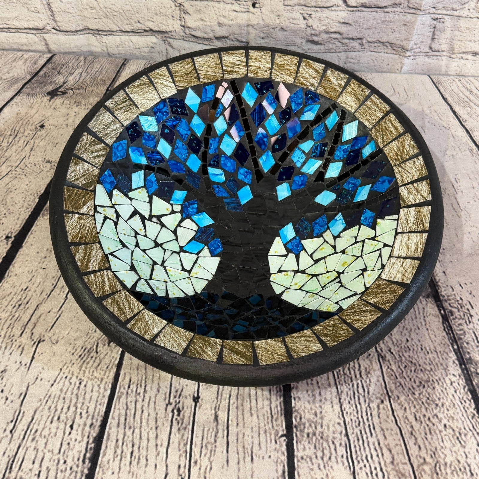 35cm Tree Of Life Blue Grey Round Mosaic Handmade Ceramic Glass Tile Bowl Fruit0