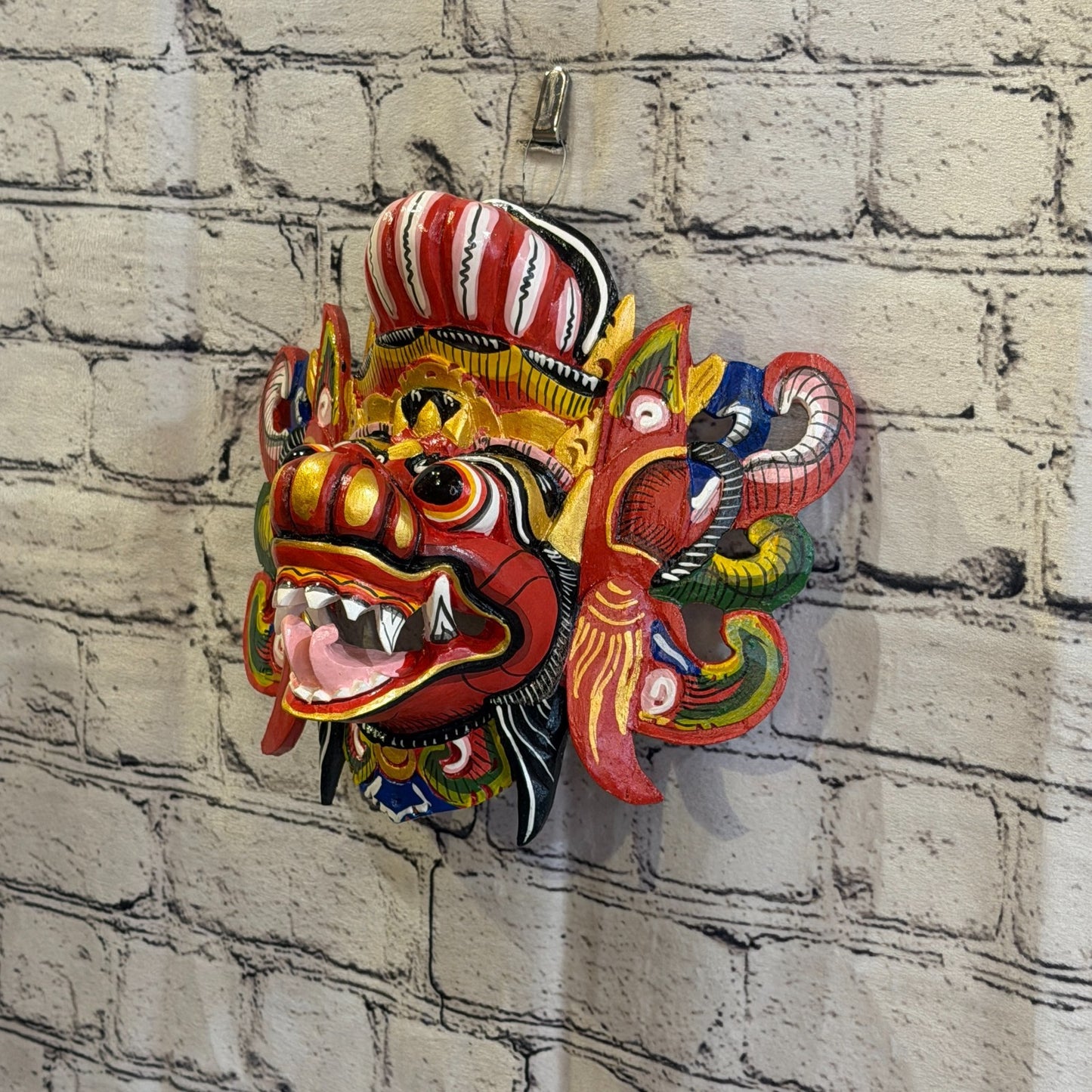 20cm Barong Wide Red Demon Dragon Hindu Deity Wooden Hand Carved Mask Painted1