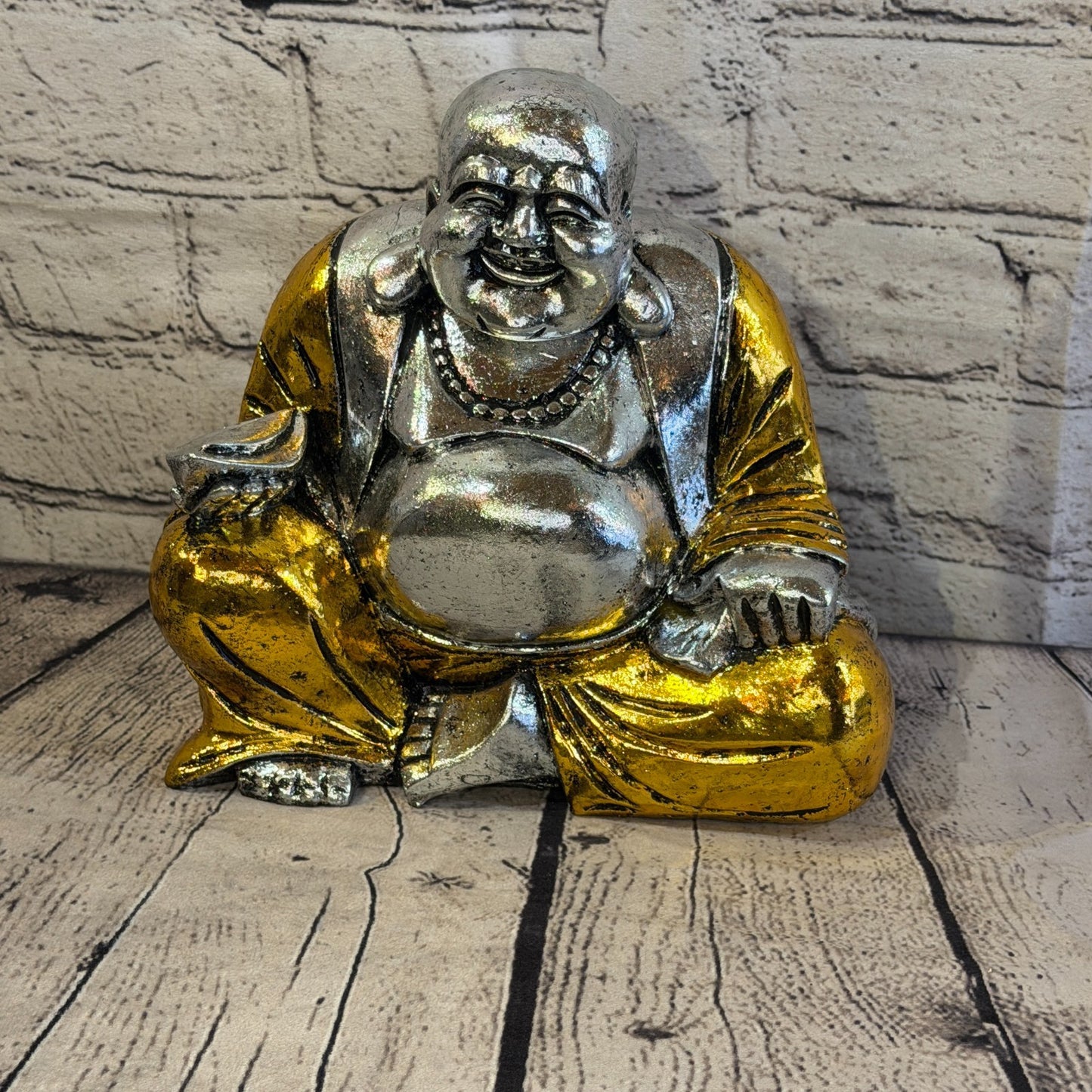 Silver And Gold 20cm x 20cm Large Chinese Buddha Sitting On Lotus Statue Resin1
