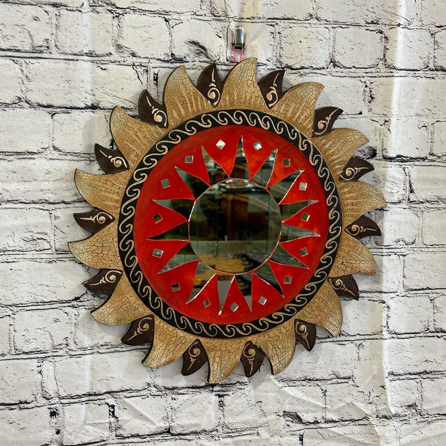 Red Gold Sun Mosaic Tile Wall Mirror 40cm x 40cm 16 Inches Handmade Fairtrade0